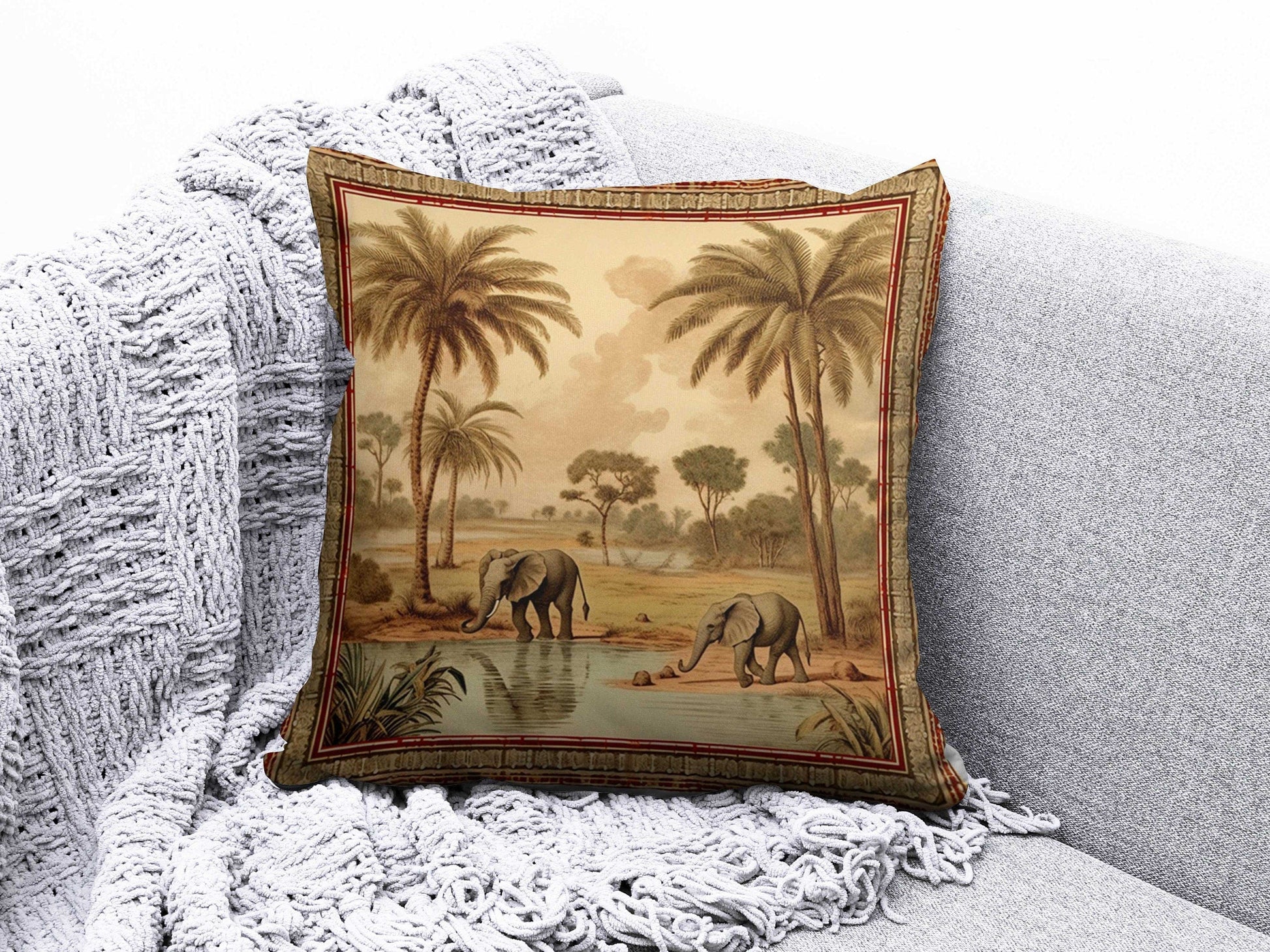 Onay 3 / 12 x 12 inch (30 x 30 cm) Safari Giraffe Family and Elephant Decor Cushion Cover