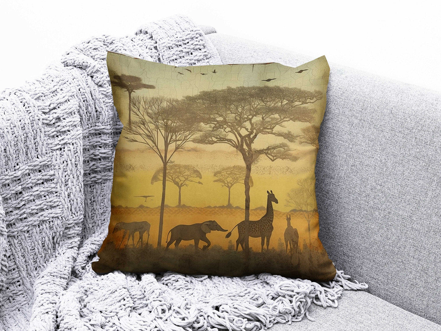 Onay 1 / 12 x 12 inch (30 x 30 cm) Safari Giraffe Family and Elephant Decor Cushion Cover