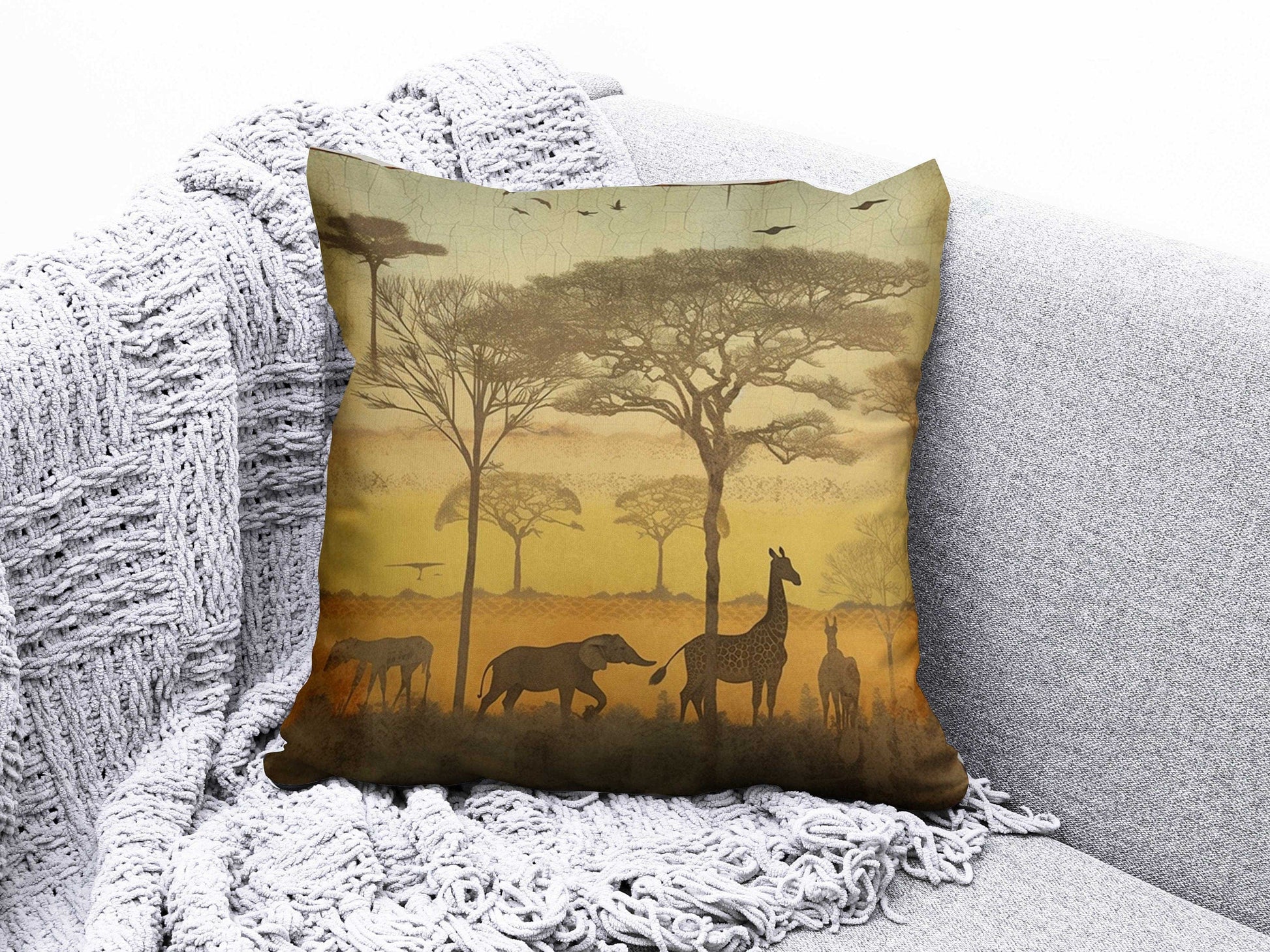 Onay 1 / 12 x 12 inch (30 x 30 cm) Safari Giraffe Family and Elephant Decor Cushion Cover