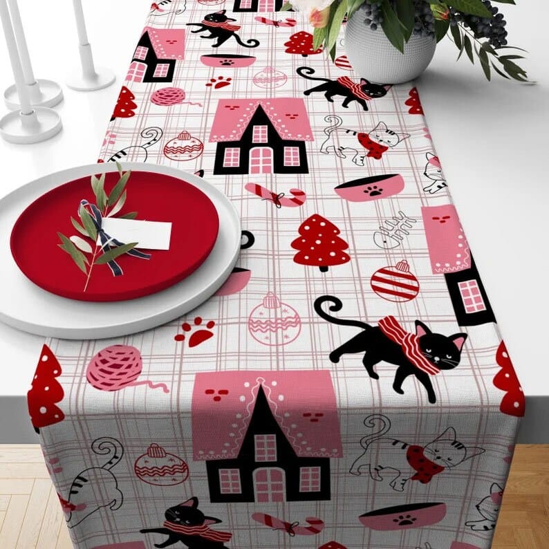 Onay 3 / 12 x 46 inch (30 x 120 cm) Santa and Cat Theme Christmas Pink Gray Table Runner