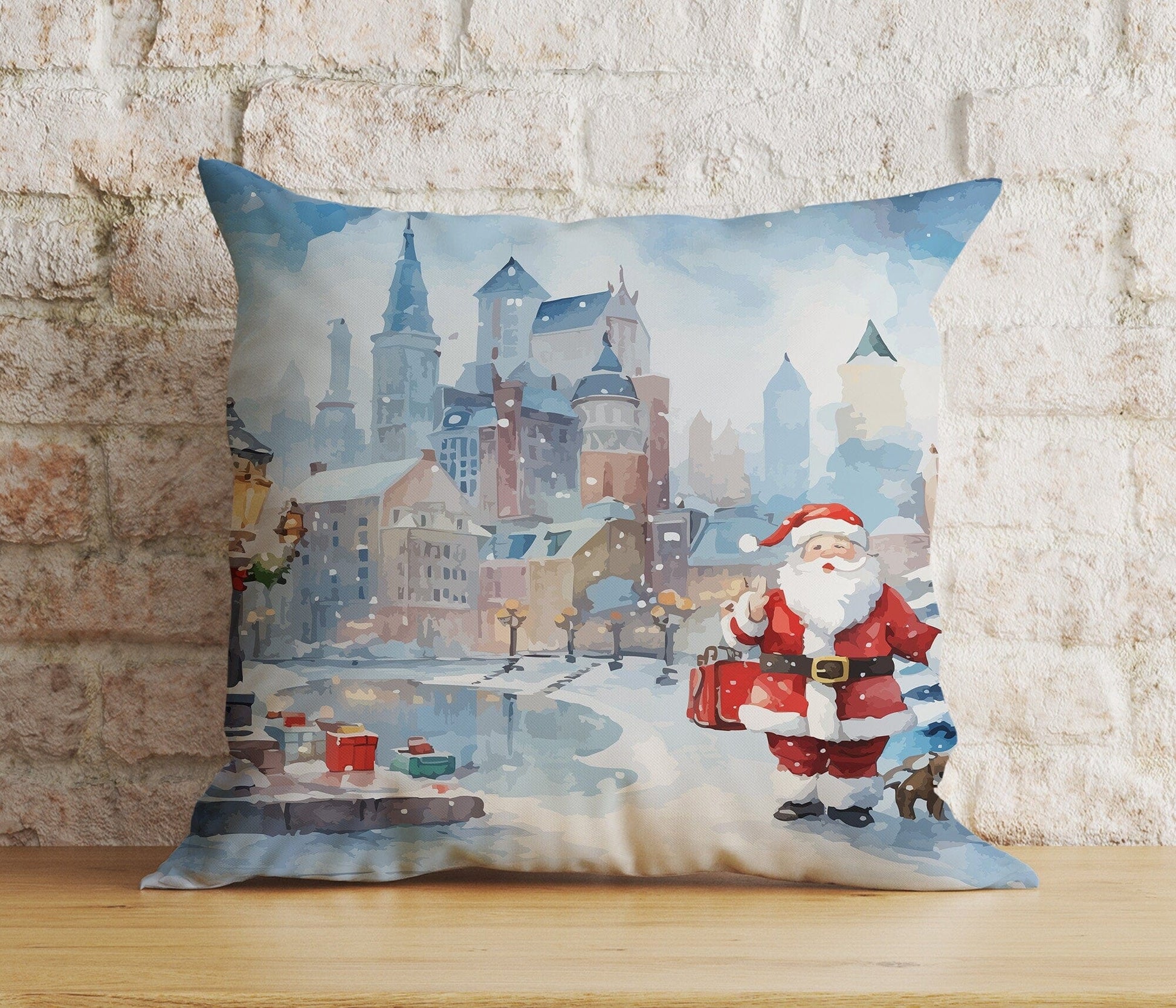 Onay 2 / 12 x 12 inch (30 x 30 cm) Double Side Santa Claus With Dog Reindeer Xmas Cushion Cover