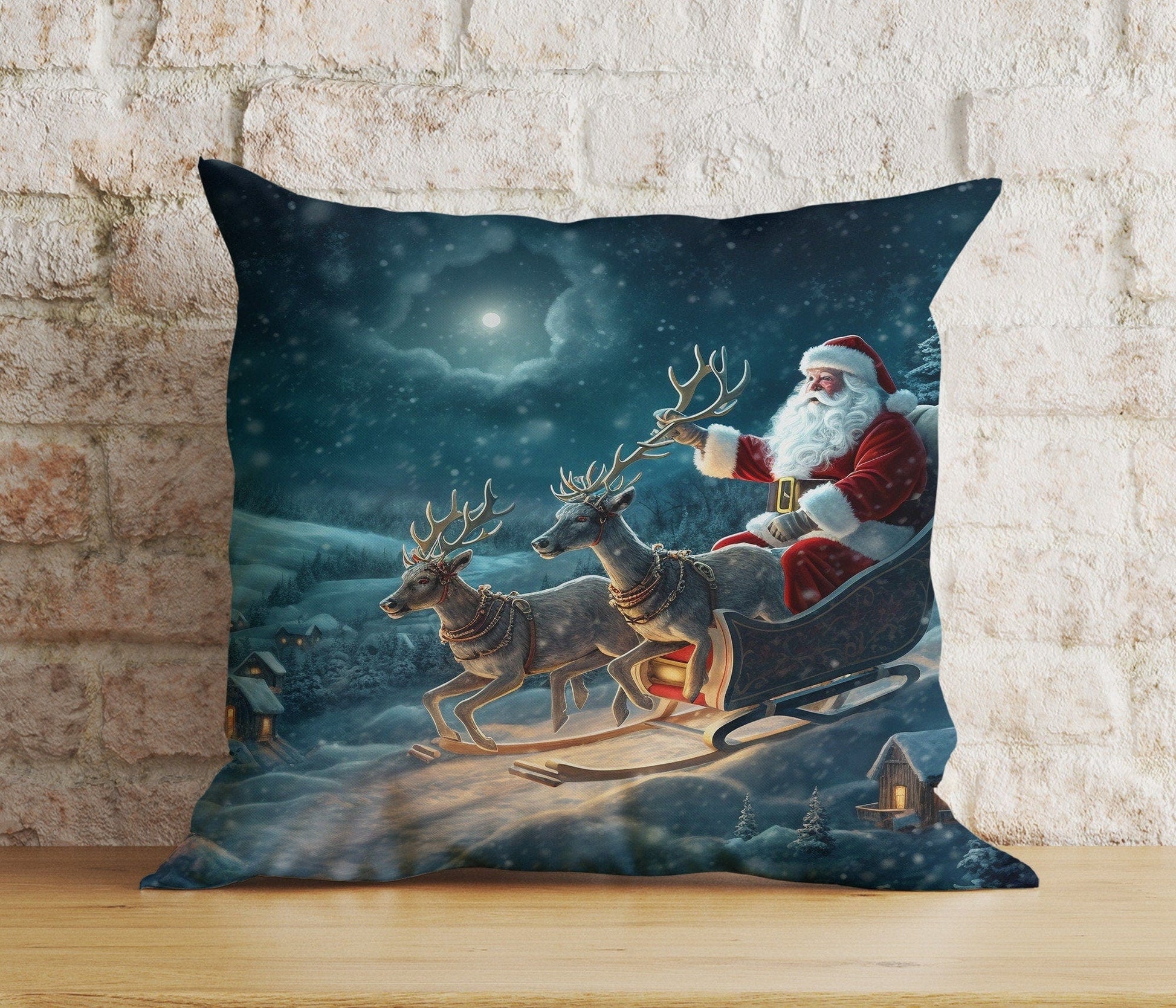 Onay 5 / 12 x 12 inch (30 x 30 cm) Double Side Santa's Sleigh Santa Claus Reindeer Winter Cushion Cover