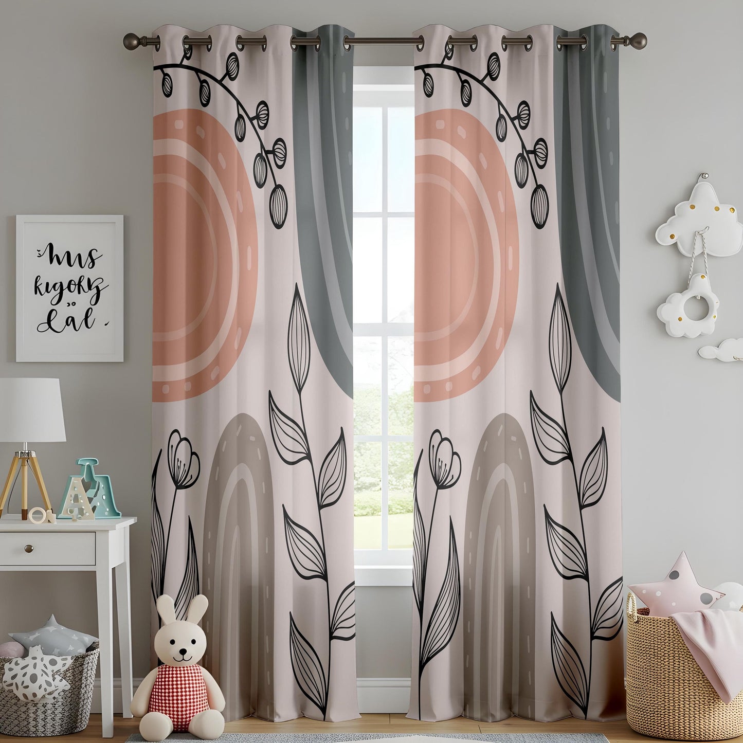 Onay Scandinavian Boho Plant Curtains – Neutral Pastel Drapes with Abstract Floral Line Art