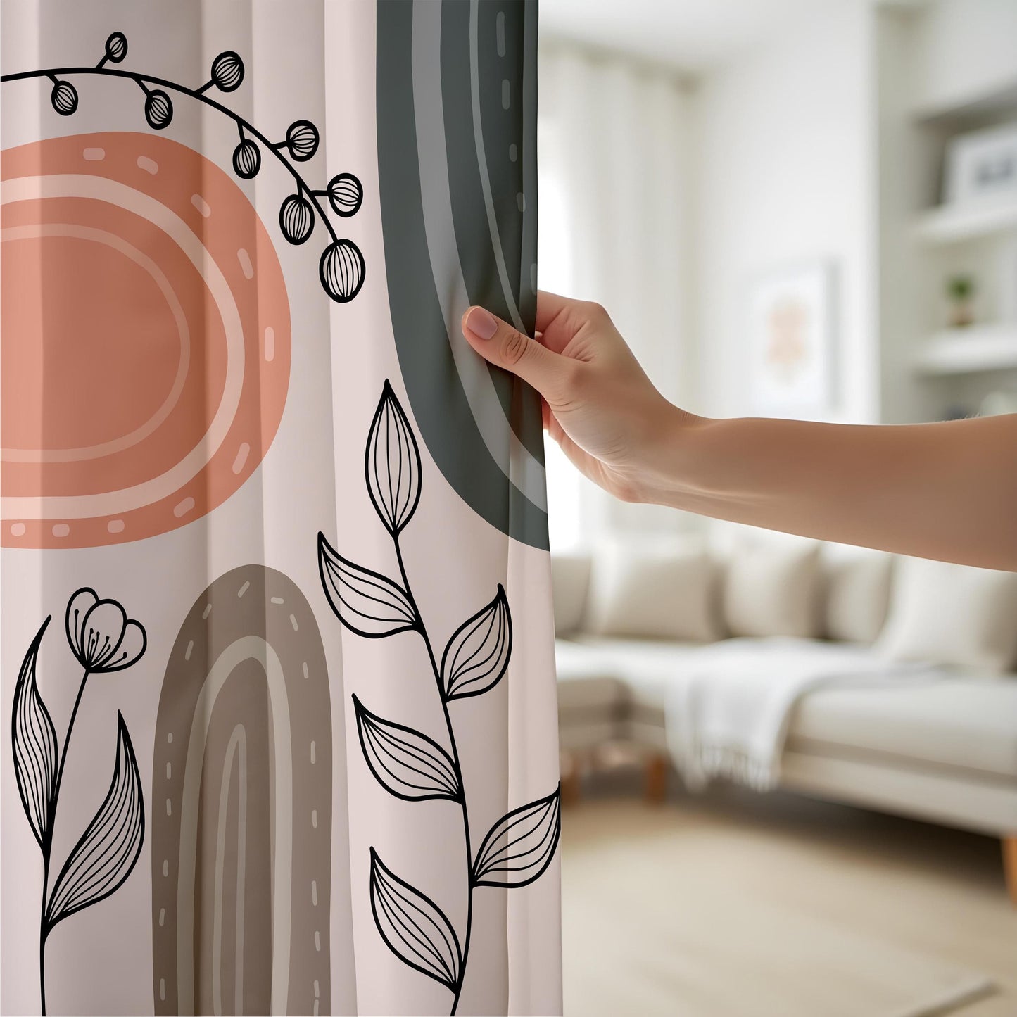 Onay Scandinavian Boho Plant Curtains – Neutral Pastel Drapes with Abstract Floral Line Art