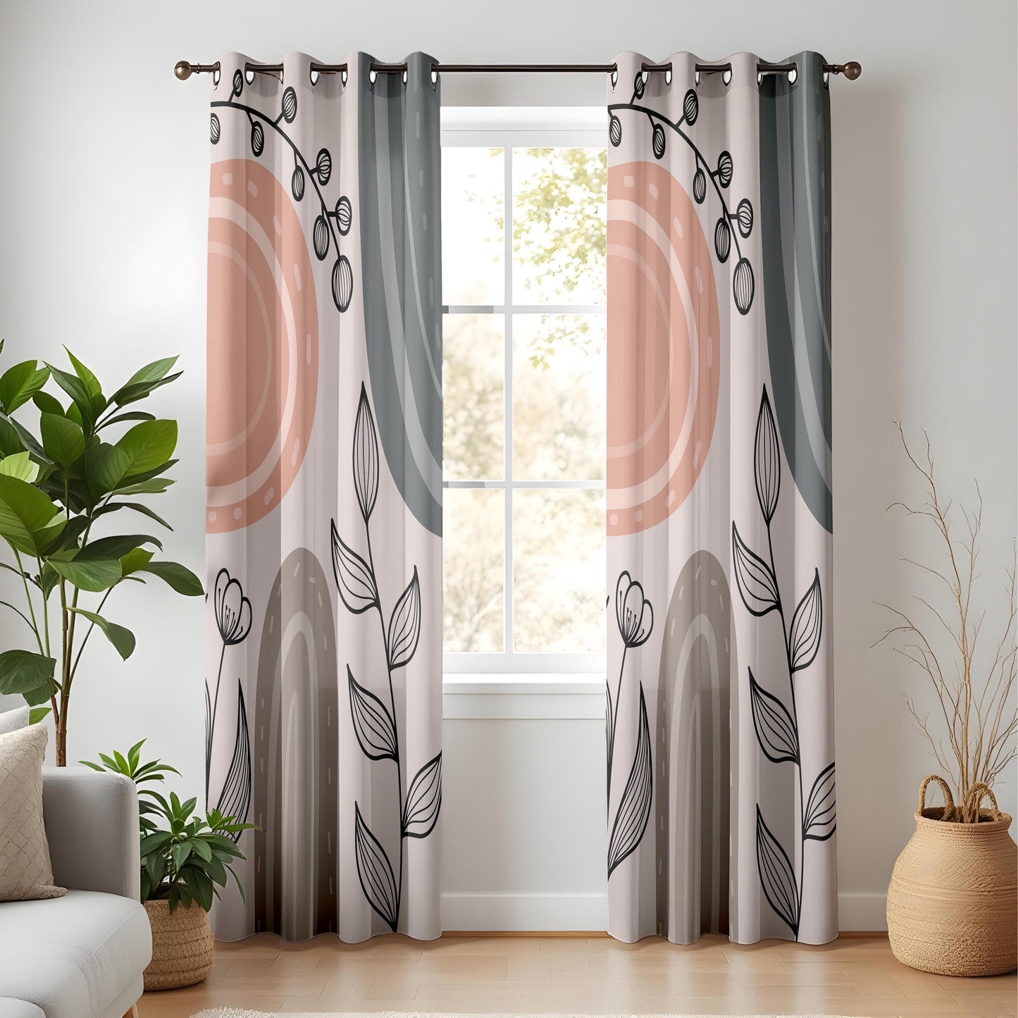 Onay Scandinavian Boho Plant Curtains – Neutral Pastel Drapes with Abstract Floral Line Art