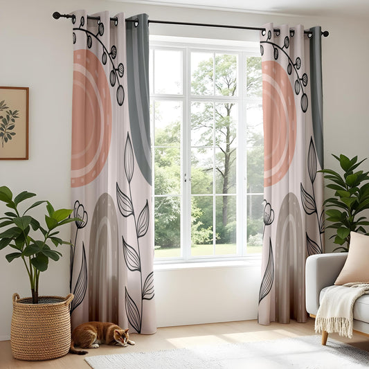 Onay Scandinavian Boho Plant Curtains – Neutral Pastel Drapes with Abstract Floral Line Art