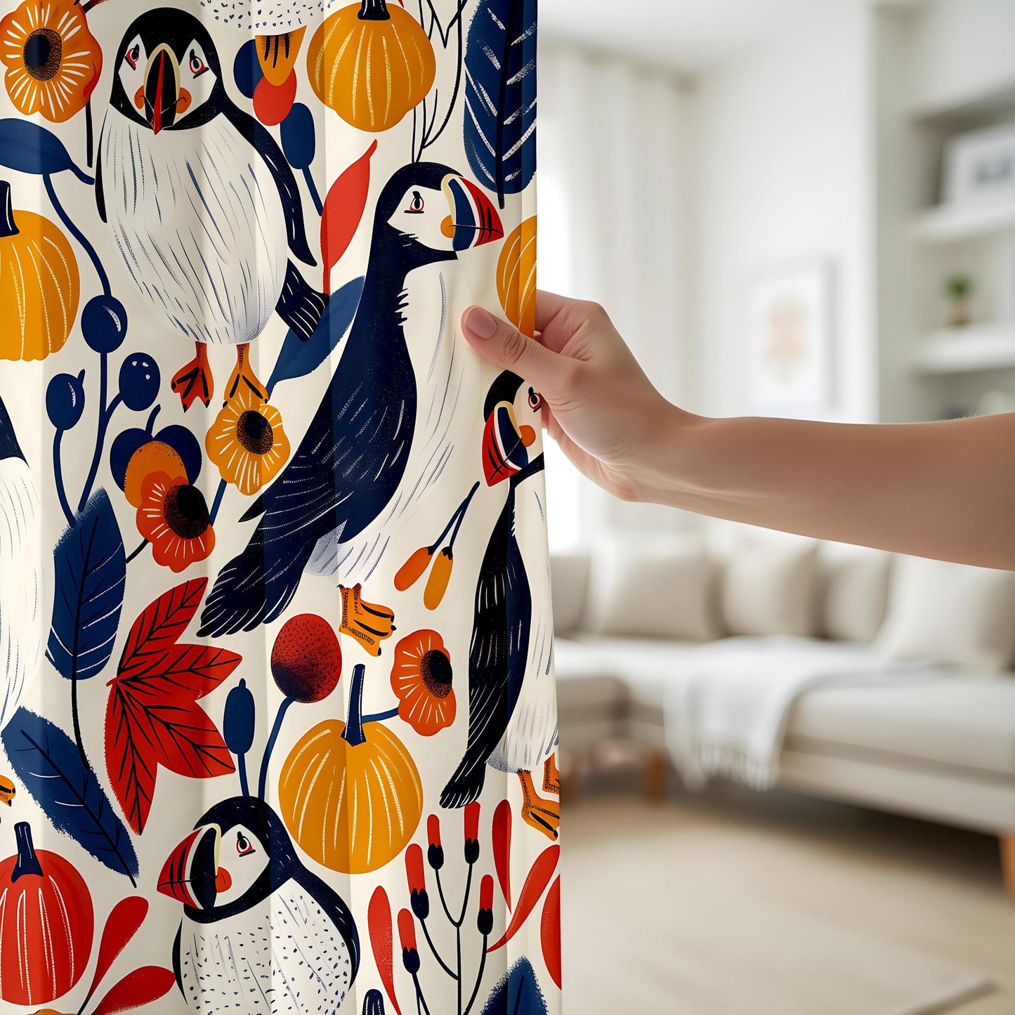 Onay Scandinavian Puffin Bird Curtains, Autumn Botanical Window Drapes