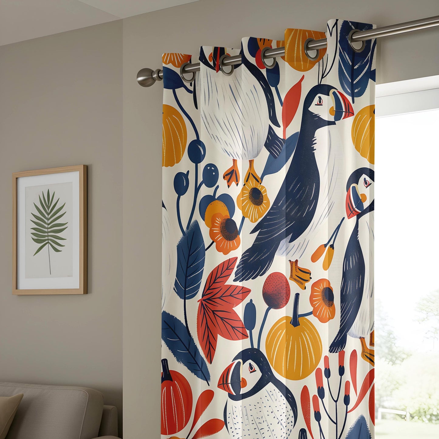 Onay Scandinavian Puffin Bird Curtains, Autumn Botanical Window Drapes