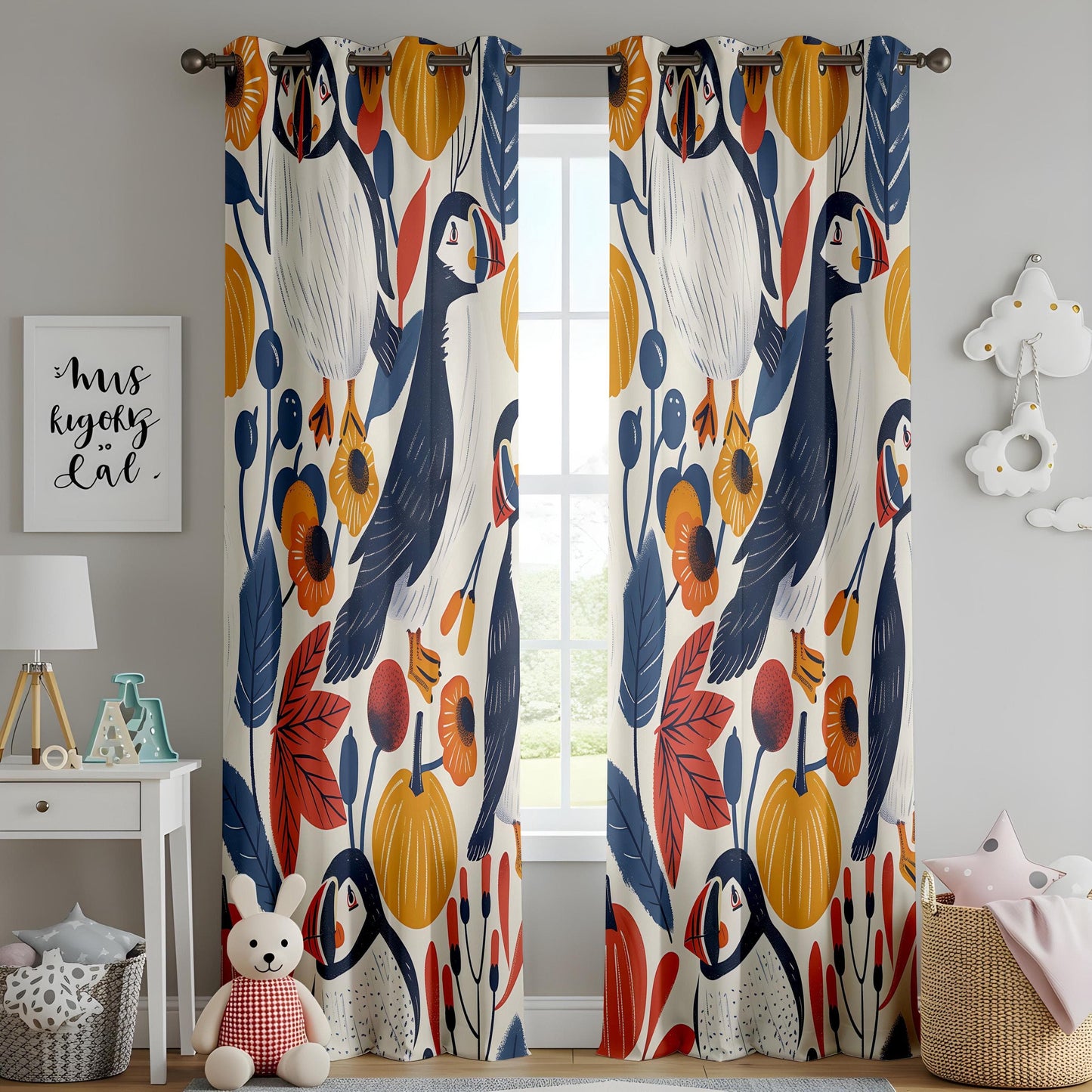 Onay Scandinavian Puffin Bird Curtains, Autumn Botanical Window Drapes