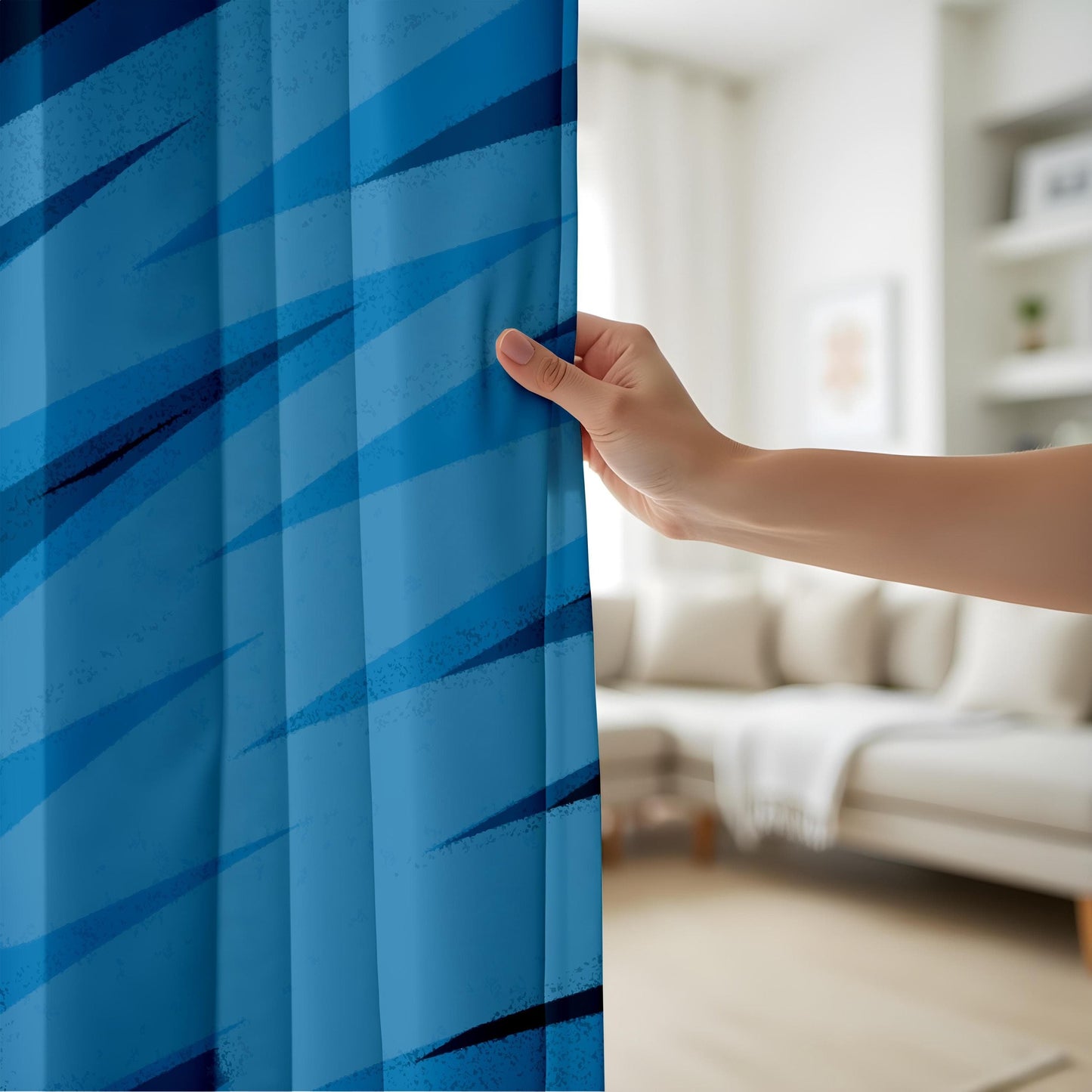 Onay Sharp Angled Blue Curtains – Minimalist Geometric Drapes with Bold Lines