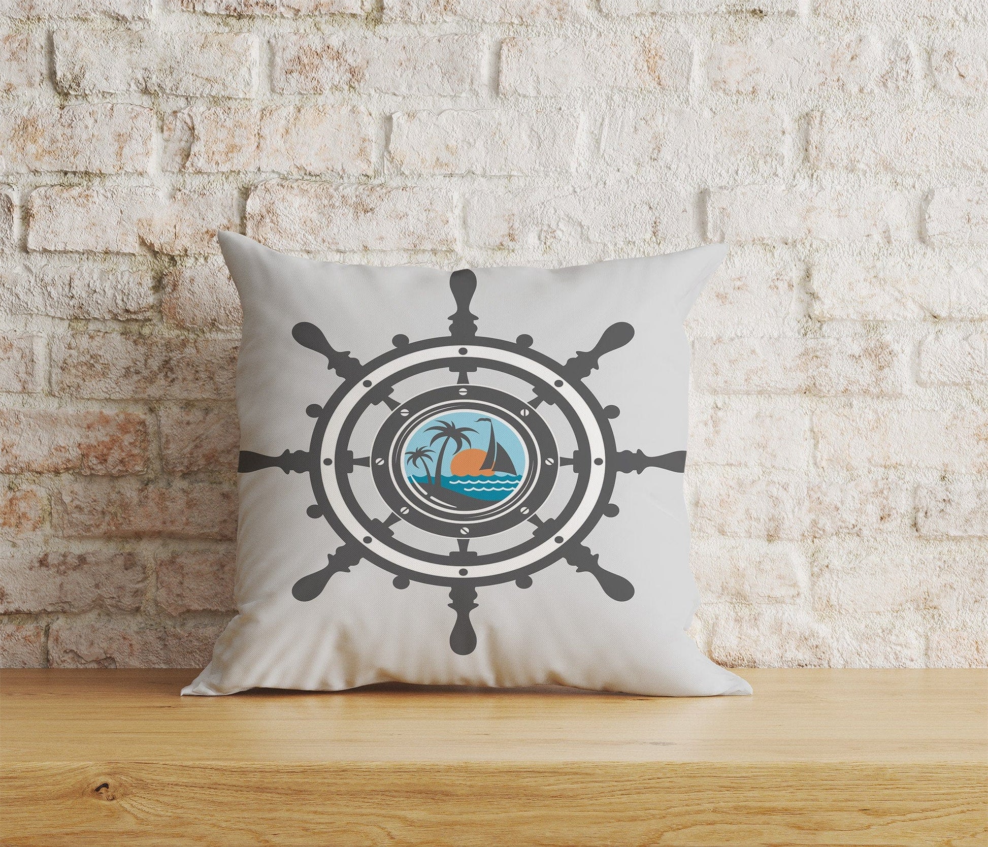 Onay Home Textile Cushion Covers 4 / 12 x 12 inch (30 x 30 cm) Double Side Ships Wheel Decor Print Wooden Steering Wheel Cushion Cover