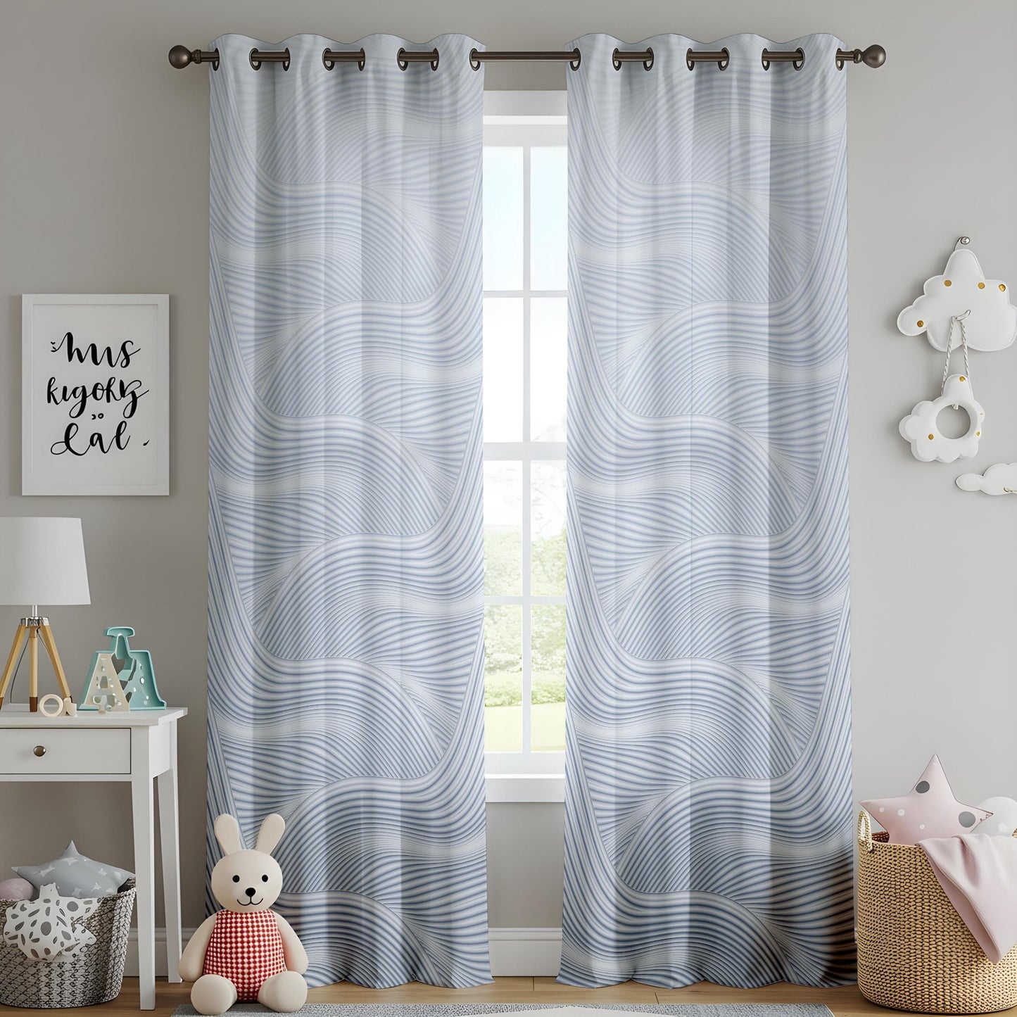 Onay Silver Wave Curtains – Minimalist Drapes with Flowing Abstract Lines for Living Room Decor