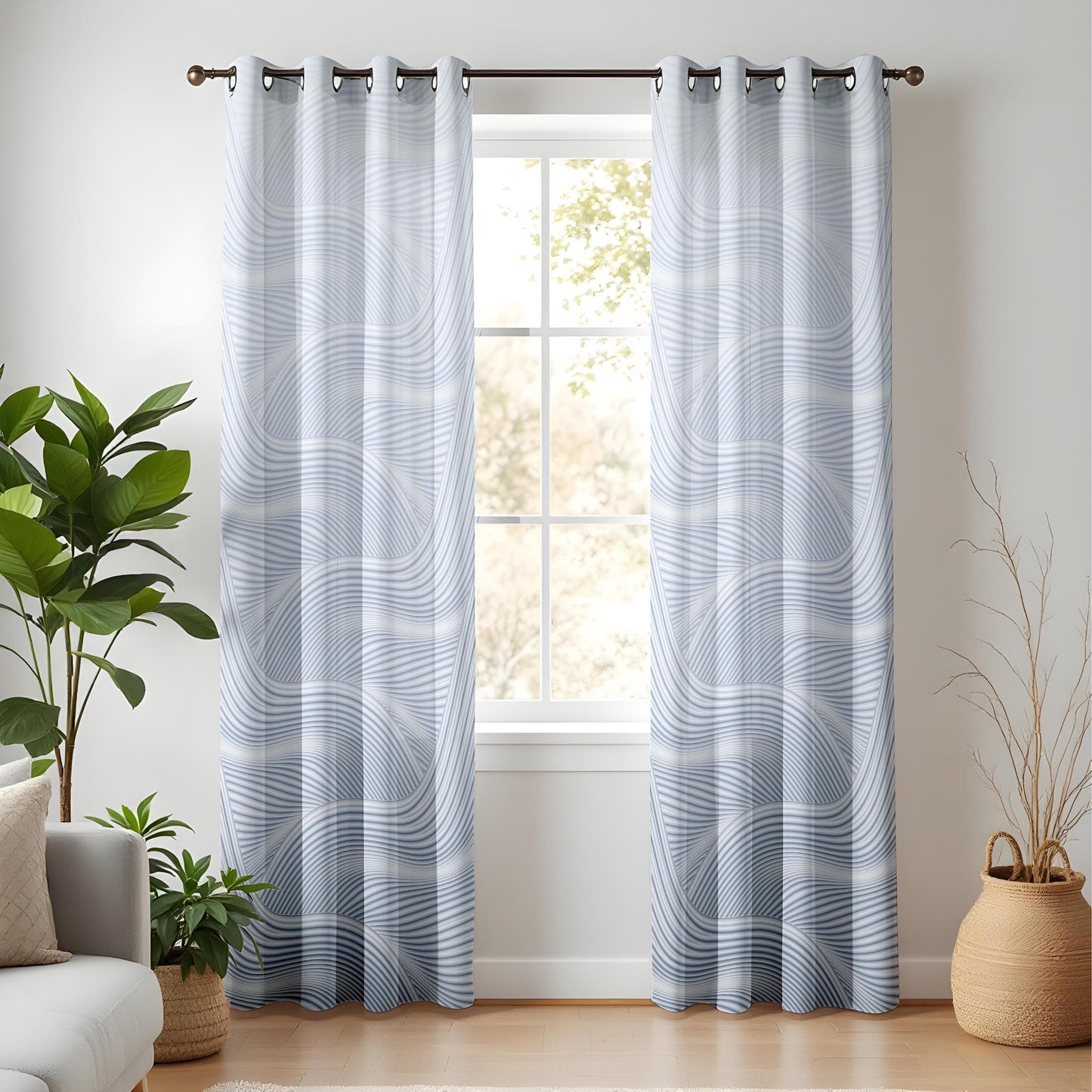 Onay Silver Wave Curtains – Minimalist Drapes with Flowing Abstract Lines for Living Room Decor