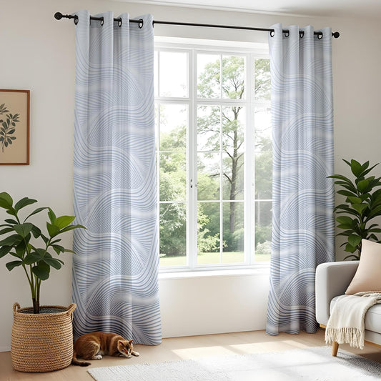 Onay Silver Wave Curtains – Minimalist Drapes with Flowing Abstract Lines for Living Room Decor