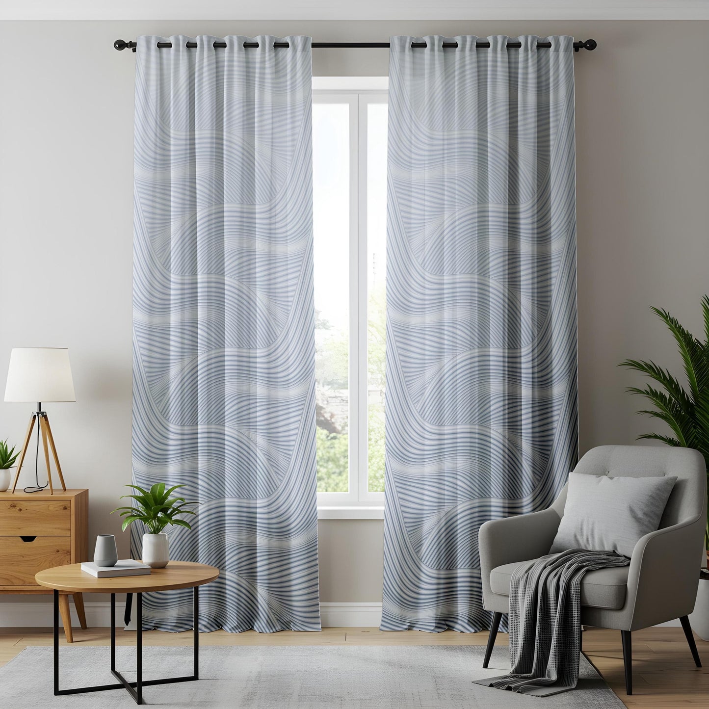 Onay Silver Wave Curtains – Minimalist Drapes with Flowing Abstract Lines for Living Room Decor