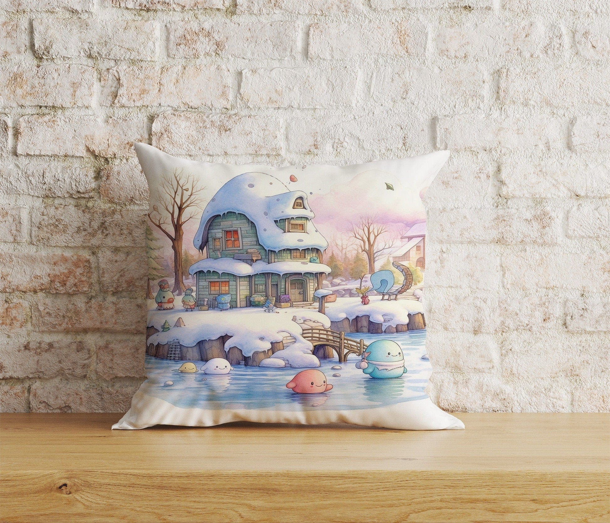 Onay 9 / 12 x 12 inch (30 x 30 cm) Double Side Snow Blue & Pink Cartoon Christmas Decor Cushion Cover