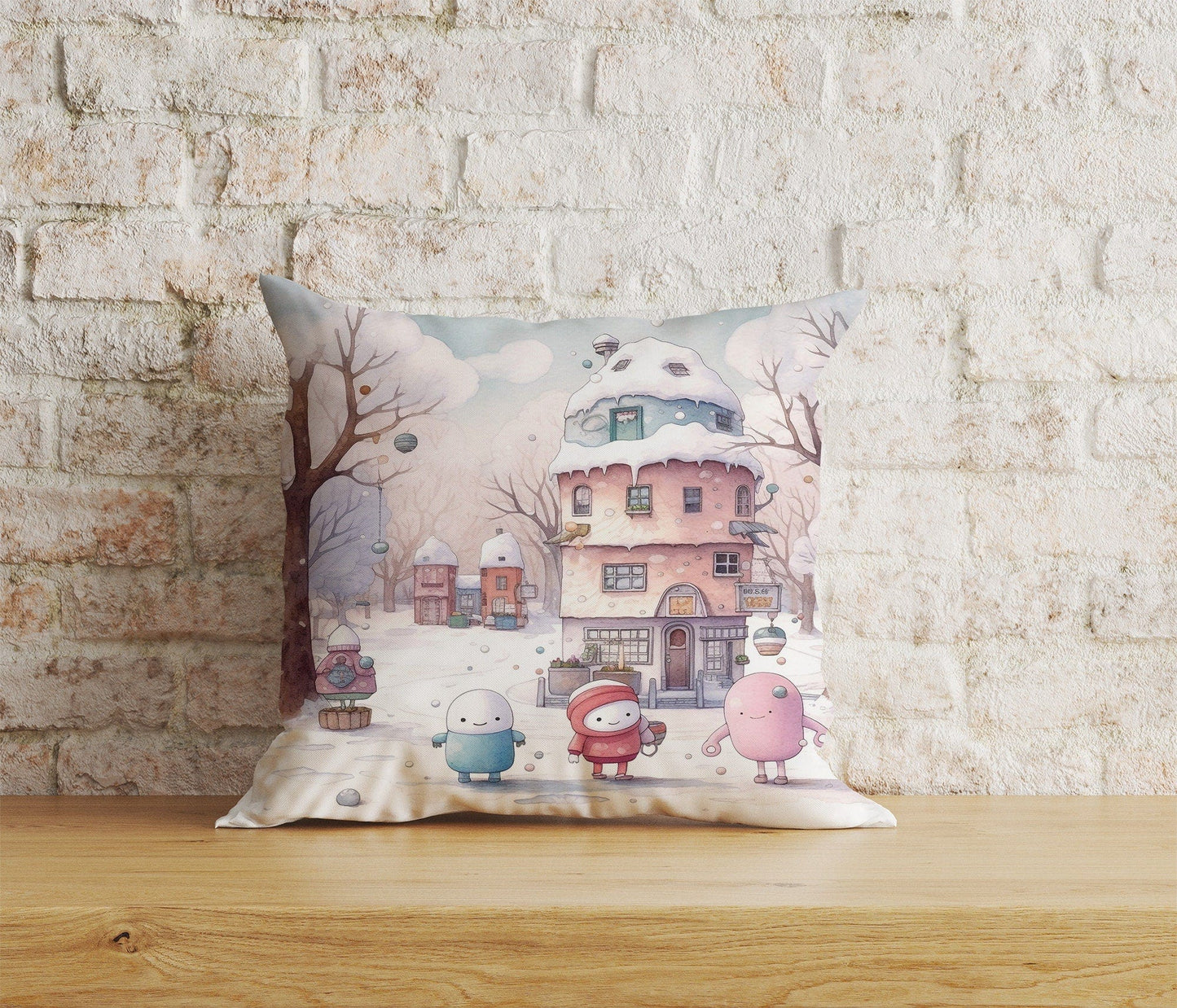 Onay 4 / 12 x 12 inch (30 x 30 cm) Double Side Snow Blue & Pink Cartoon Christmas Decor Cushion Cover