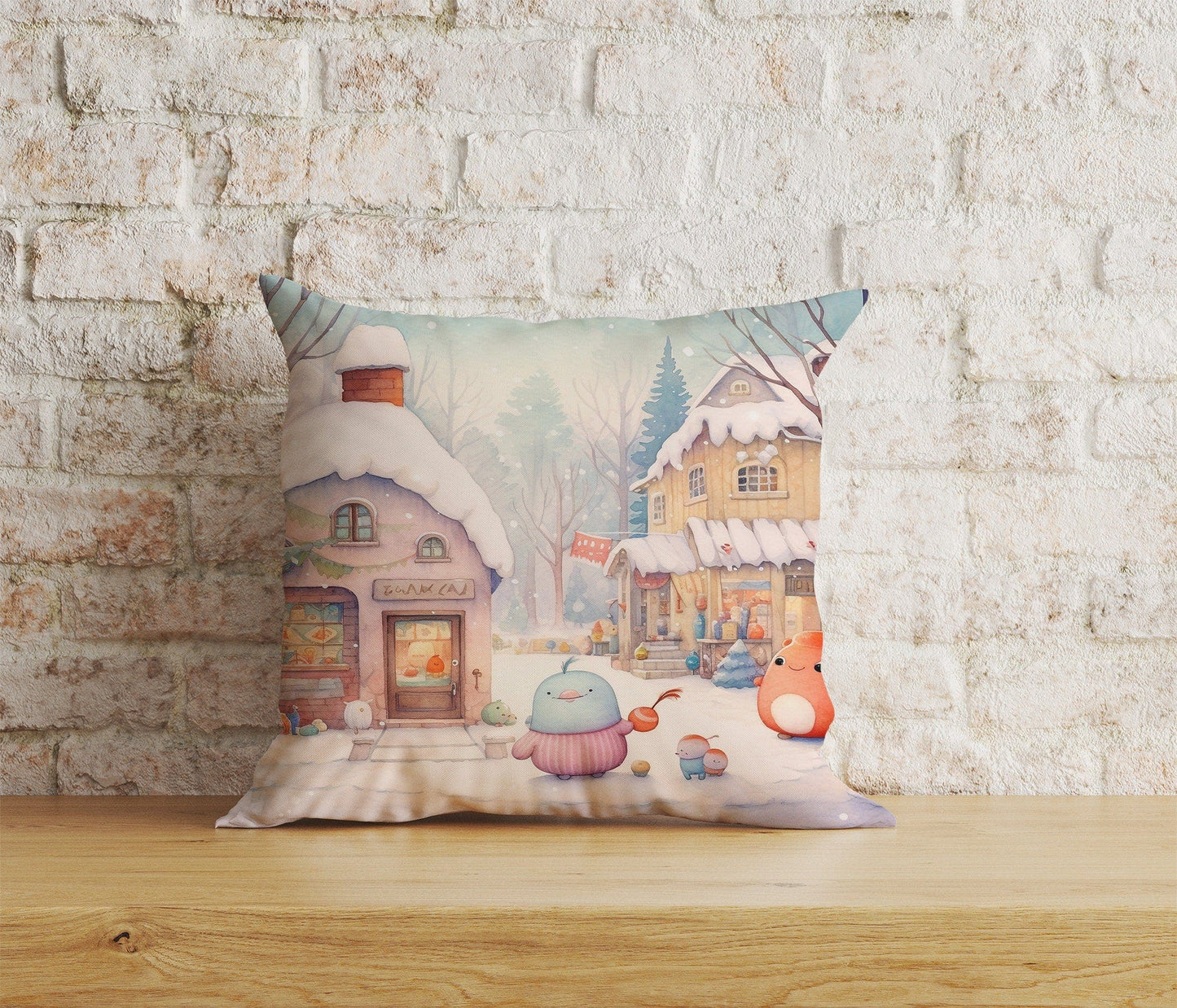Onay 2 / 12 x 12 inch (30 x 30 cm) Double Side Snow Blue & Pink Cartoon Christmas Decor Cushion Cover