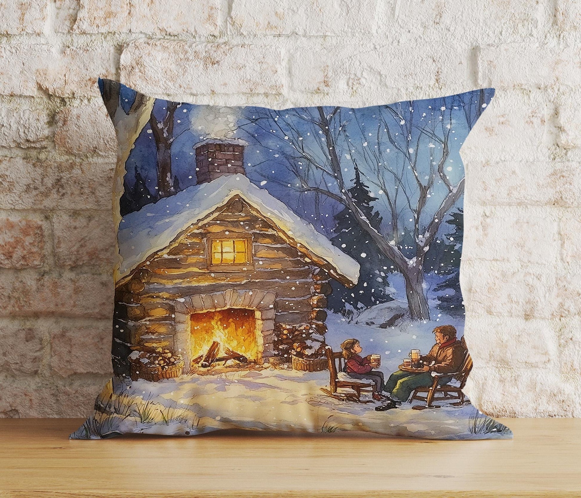 Onay 1 / 12 x 12 inch (30 x 30 cm) Double Side Snowing House and Peoples Winter Vibe Xmas Cushion Cover