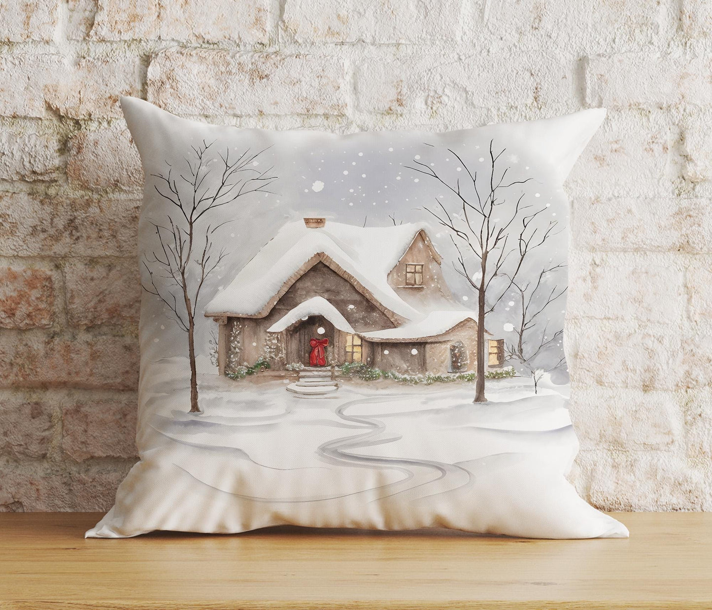 Onay 2 / 12 x 12 inch (30 x 30 cm) Double Side Snowing House and Peoples Winter Vibe Xmas Cushion Cover