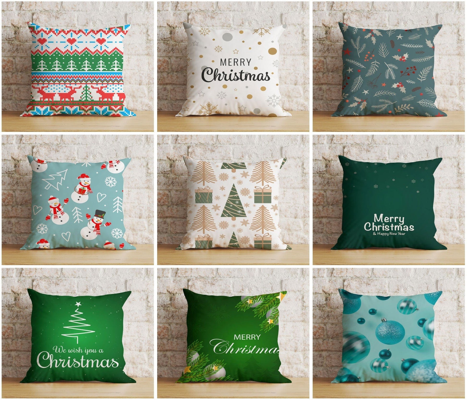Onay Snowman Botanical Christmas Festive Green Cushion Covers