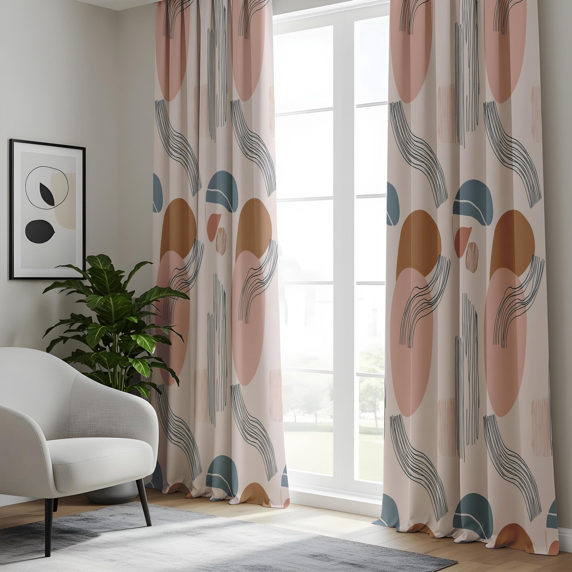 Onay Soft Abstract Living Room Curtains, Peach Blue Organic Panels