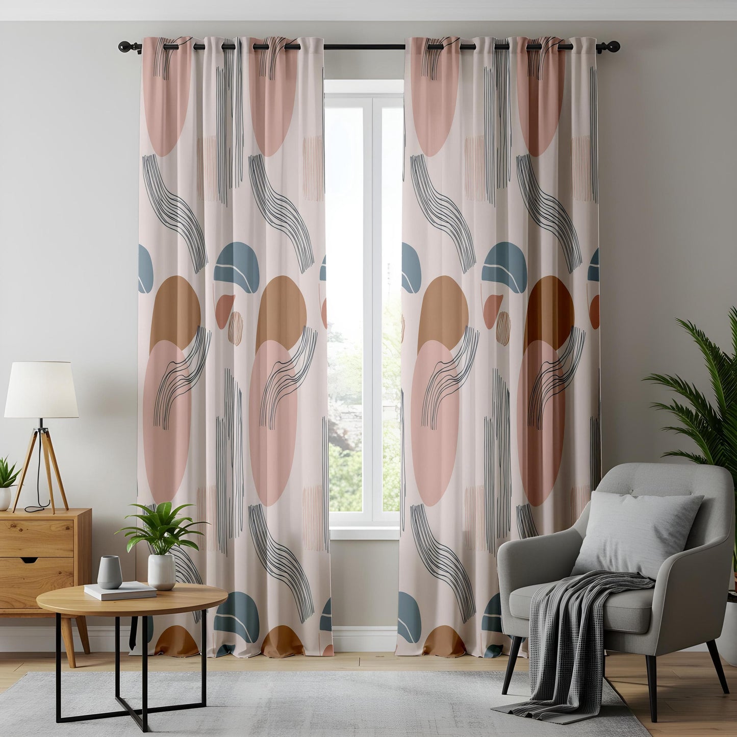 Onay Soft Abstract Living Room Curtains, Peach Blue Organic Panels
