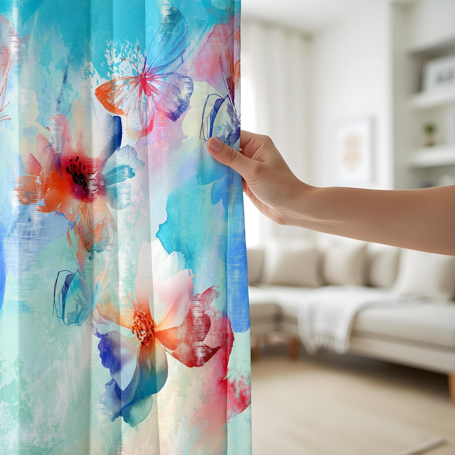 Onay Soft Pastel Curtains – Hand-Painted Floral and Butterfly Watercolor Drapes