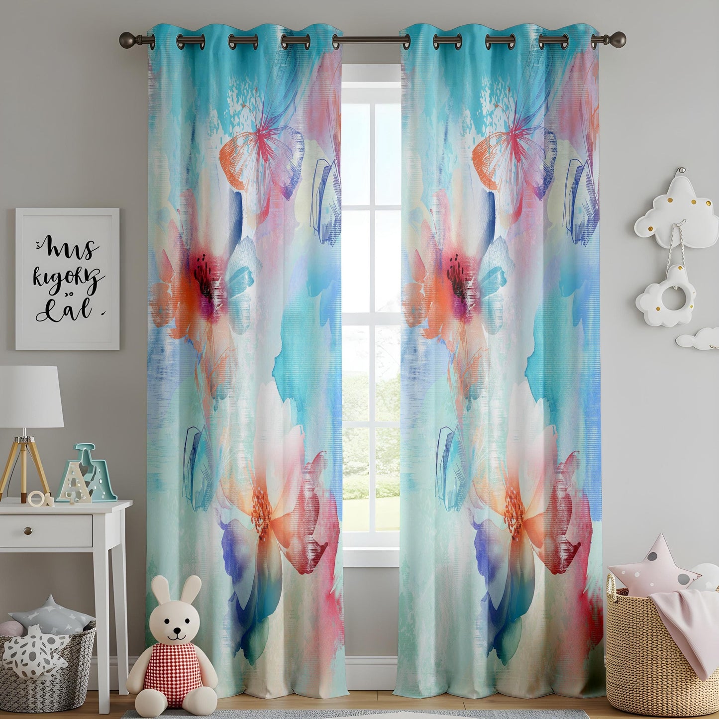 Onay Soft Pastel Curtains – Hand-Painted Floral and Butterfly Watercolor Drapes