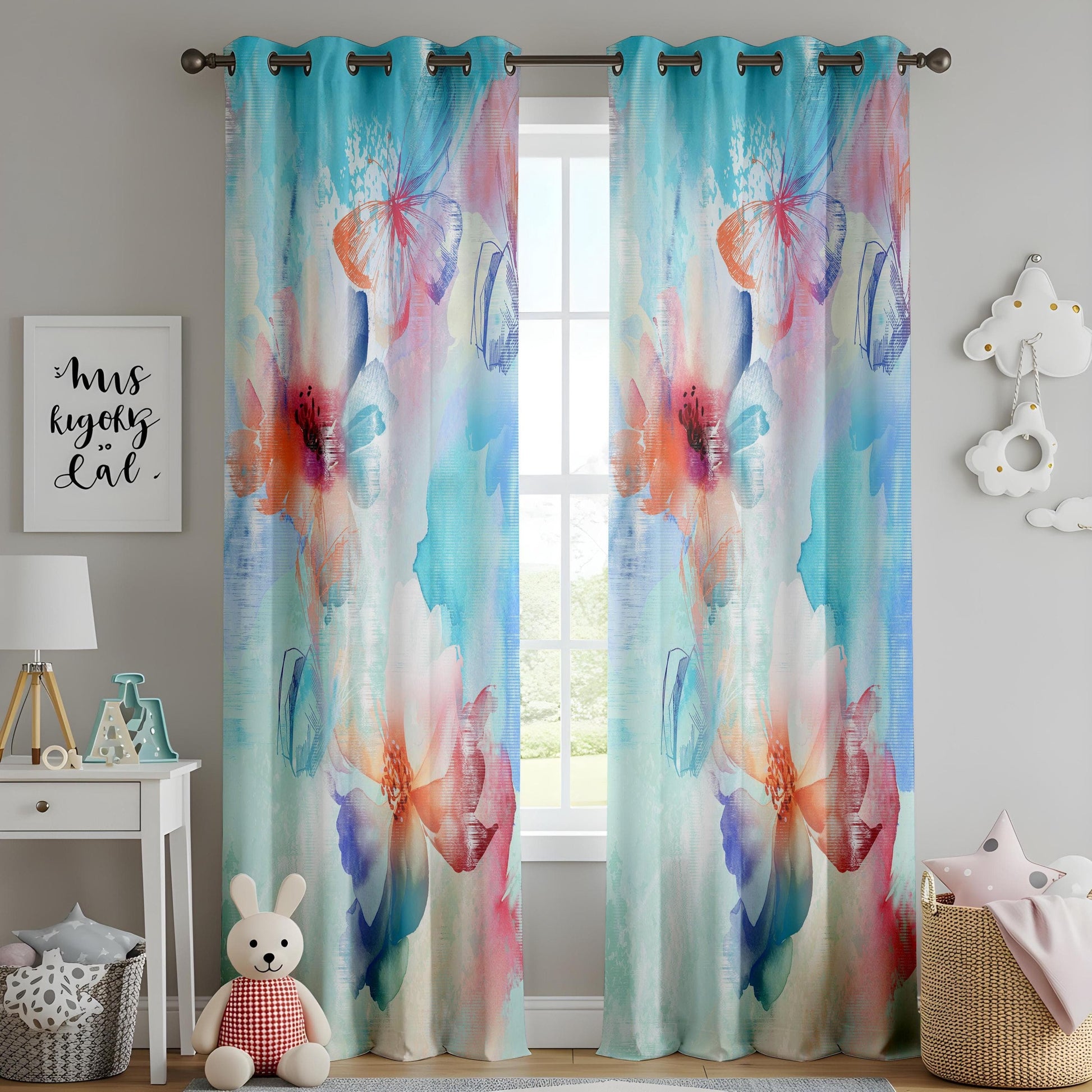 Onay Soft Pastel Curtains – Hand-Painted Floral and Butterfly Watercolor Drapes