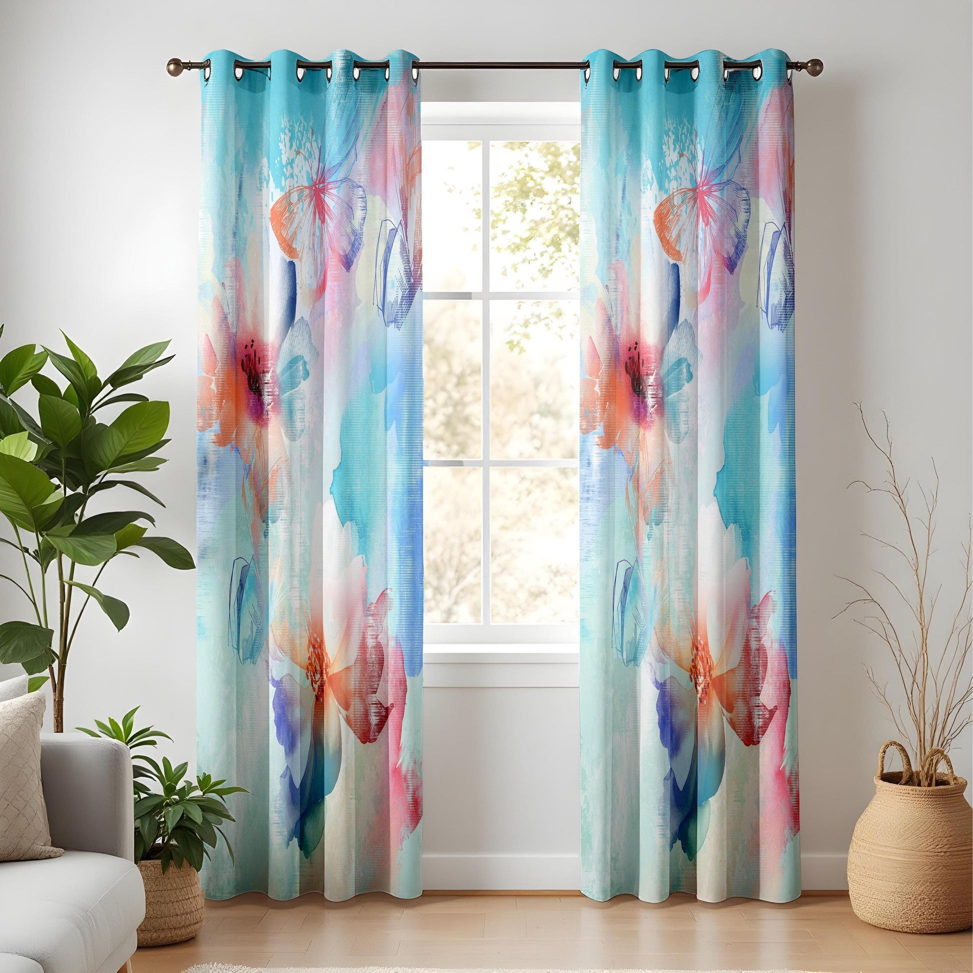 Onay Soft Pastel Curtains – Hand-Painted Floral and Butterfly Watercolor Drapes