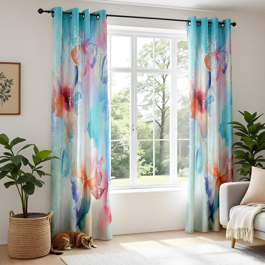 Onay Soft Pastel Curtains – Hand-Painted Floral and Butterfly Watercolor Drapes
