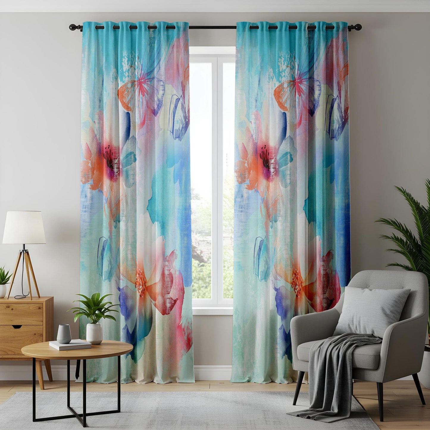 Onay Soft Pastel Curtains – Hand-Painted Floral and Butterfly Watercolor Drapes