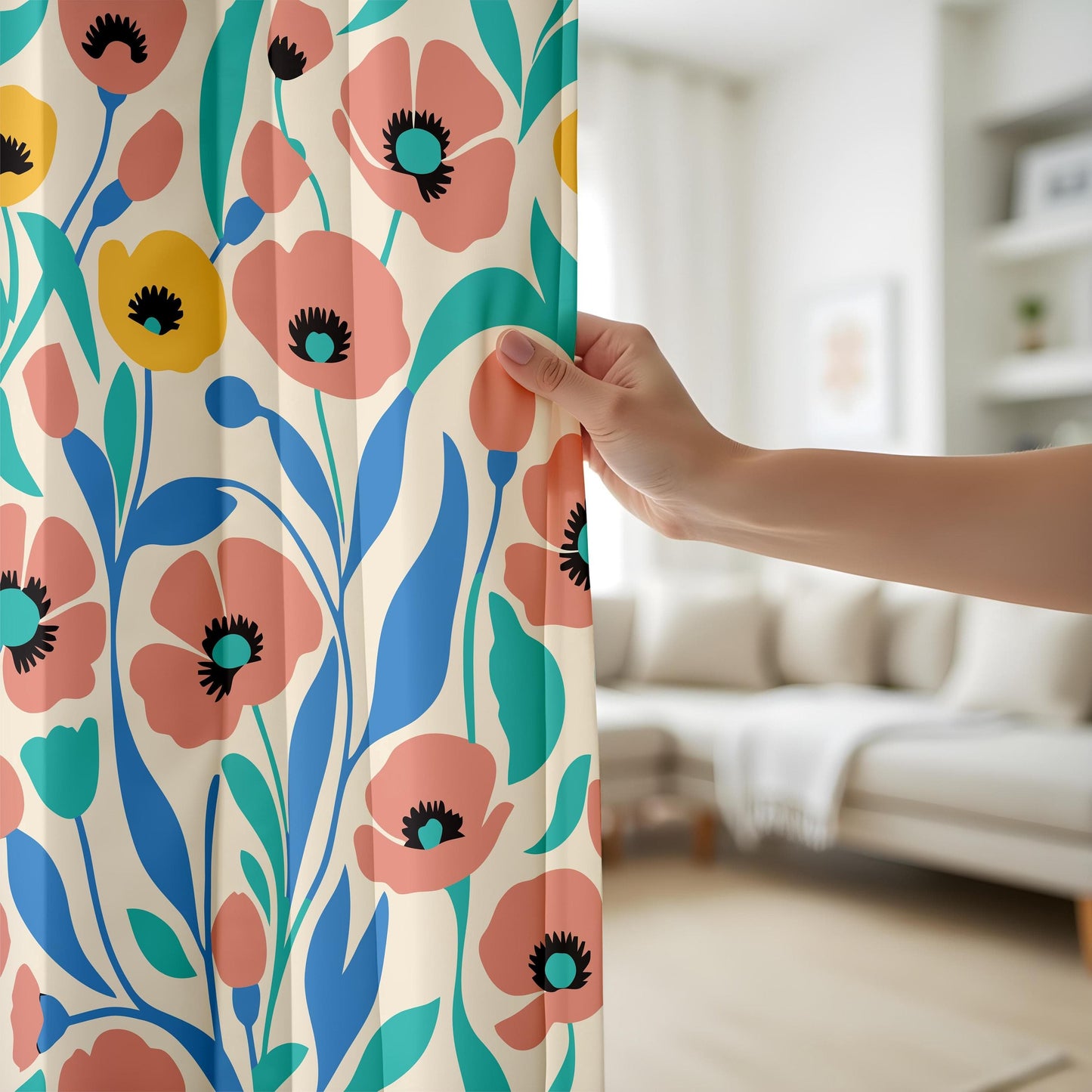 Onay Soft Pastel Floral Curtains, Peach and Teal Flower Design Print Drapes