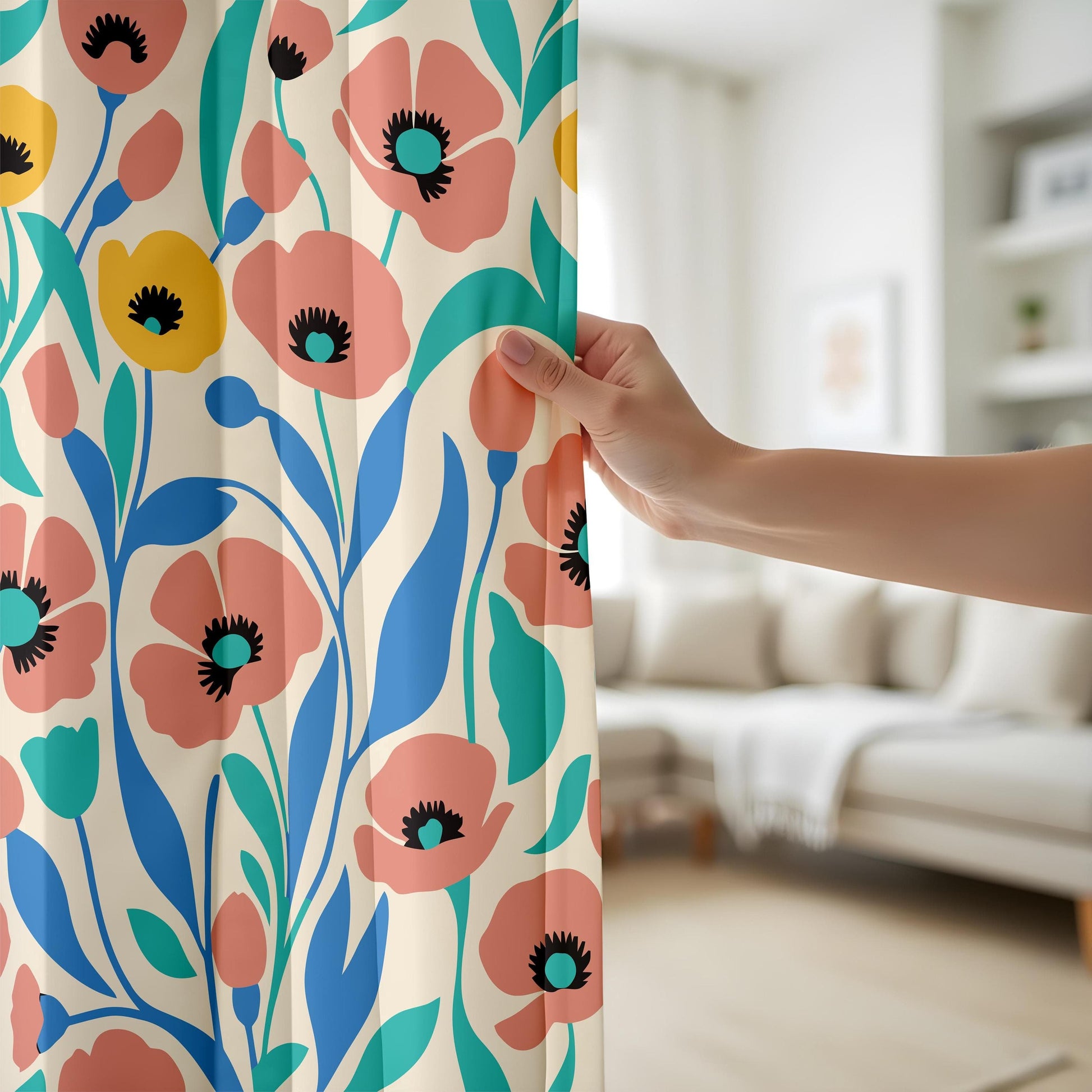Onay Soft Pastel Floral Curtains, Peach and Teal Flower Design Print Drapes