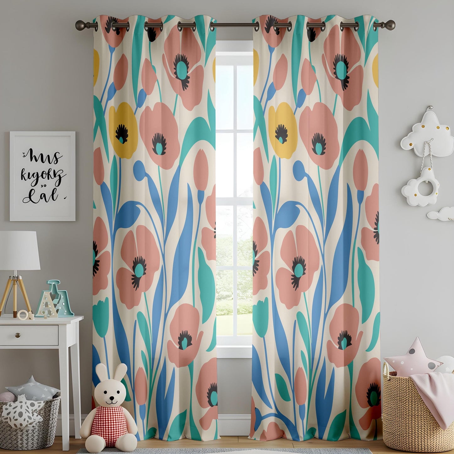 Onay Soft Pastel Floral Curtains, Peach and Teal Flower Design Print Drapes