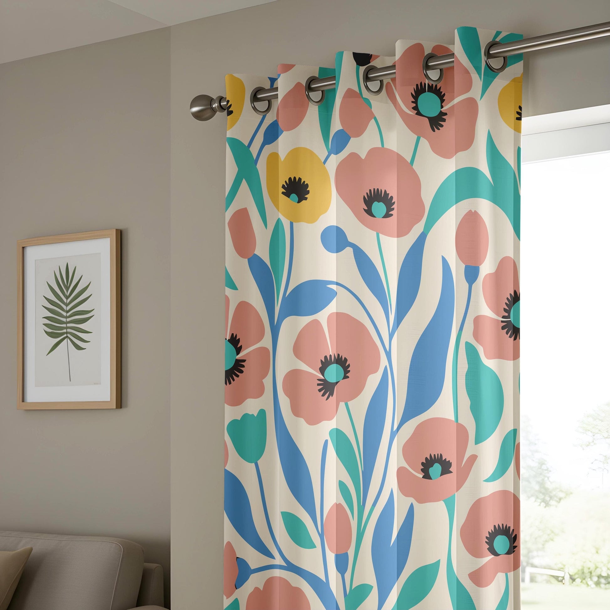 Onay Soft Pastel Floral Curtains, Peach and Teal Flower Design Print Drapes