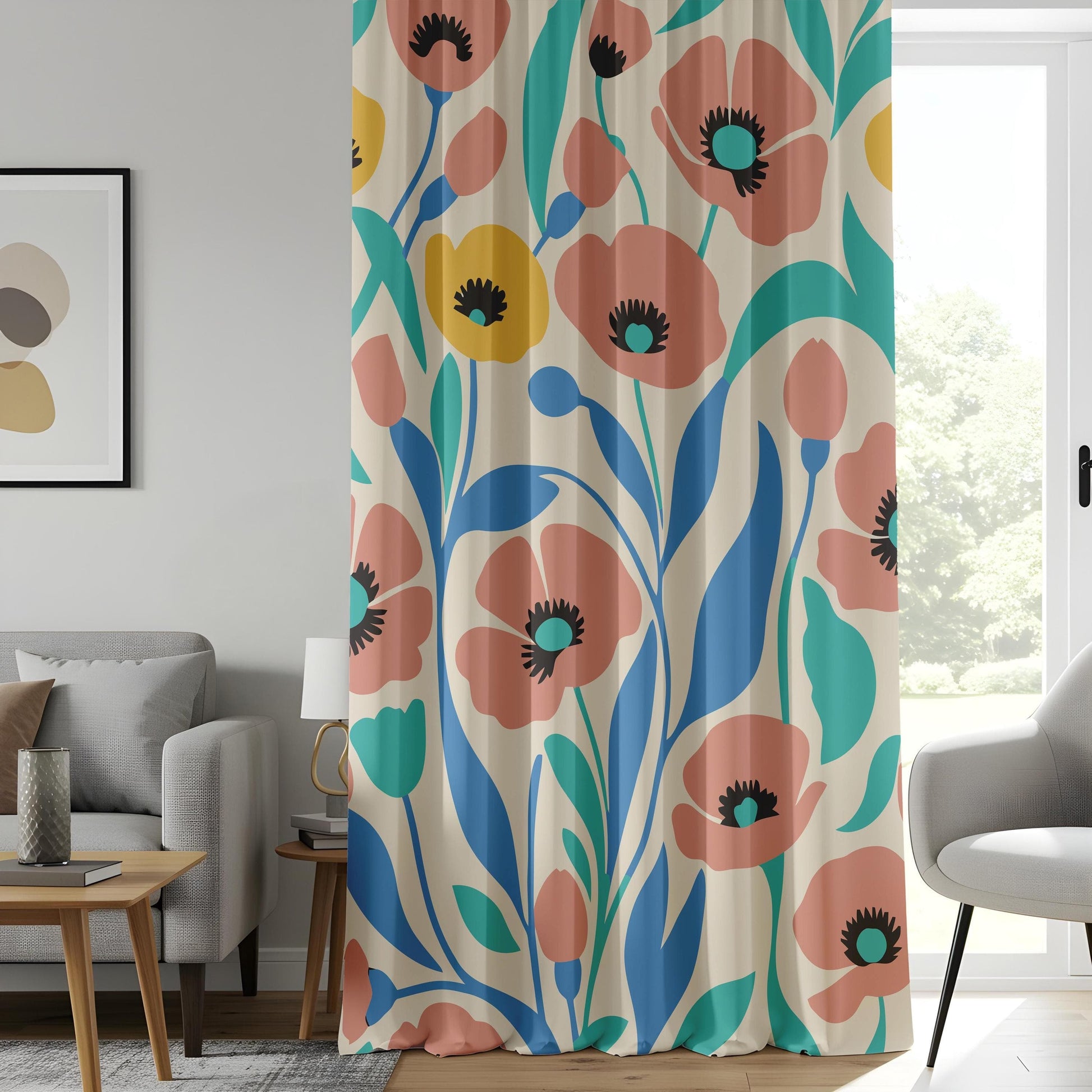 Onay Soft Pastel Floral Curtains, Peach and Teal Flower Design Print Drapes