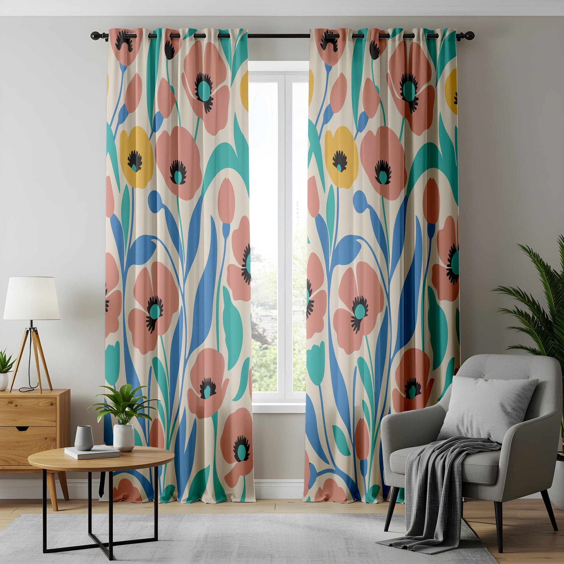 Onay Soft Pastel Floral Curtains, Peach and Teal Flower Design Print Drapes