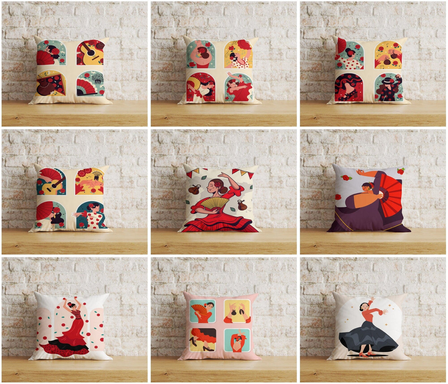 Onay Spanish Flamenco Dancers Illustration Ethnic Cushion Covers