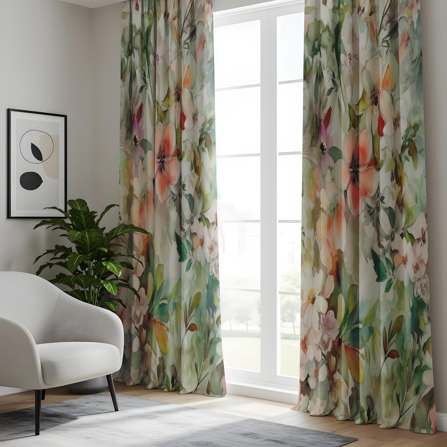 Onay Spring Garden Style Curtains, Blush and Green Floral Drapes