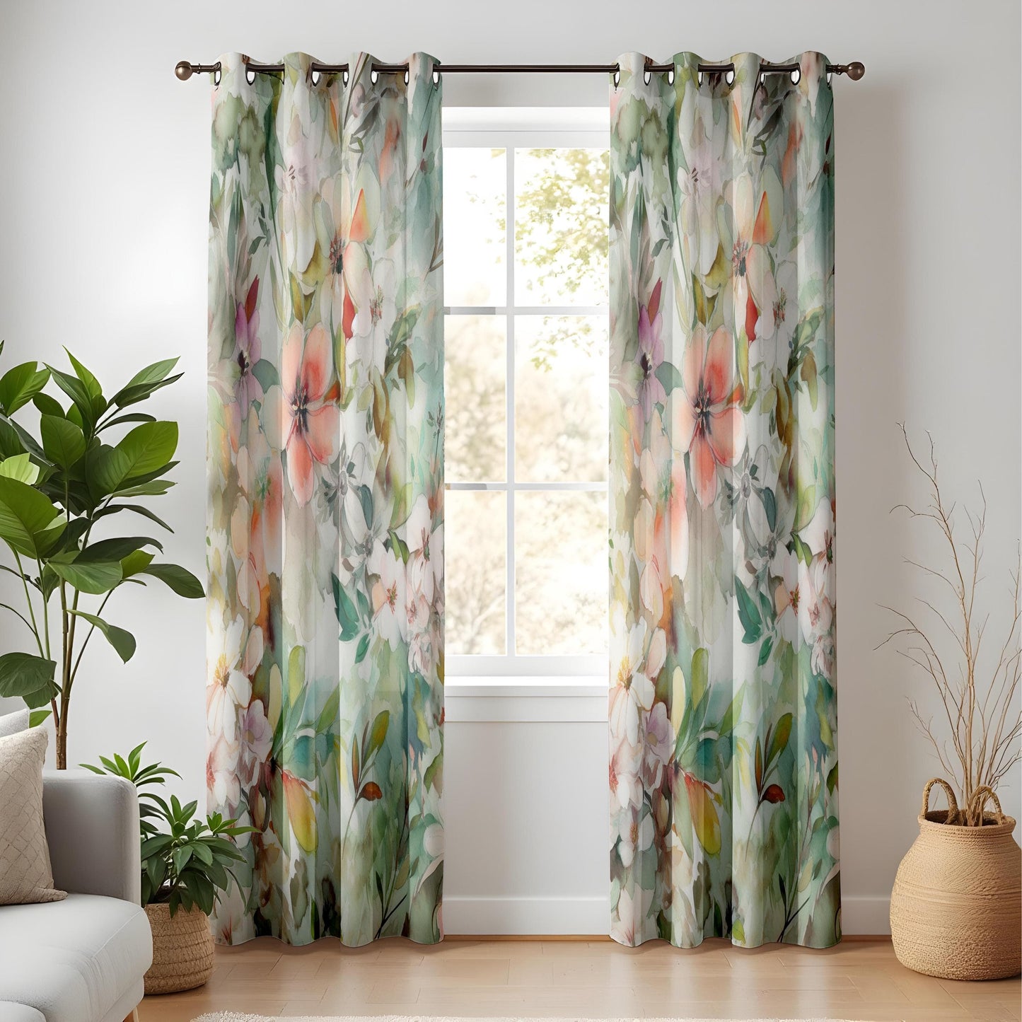 Onay Spring Garden Style Curtains, Blush and Green Floral Drapes