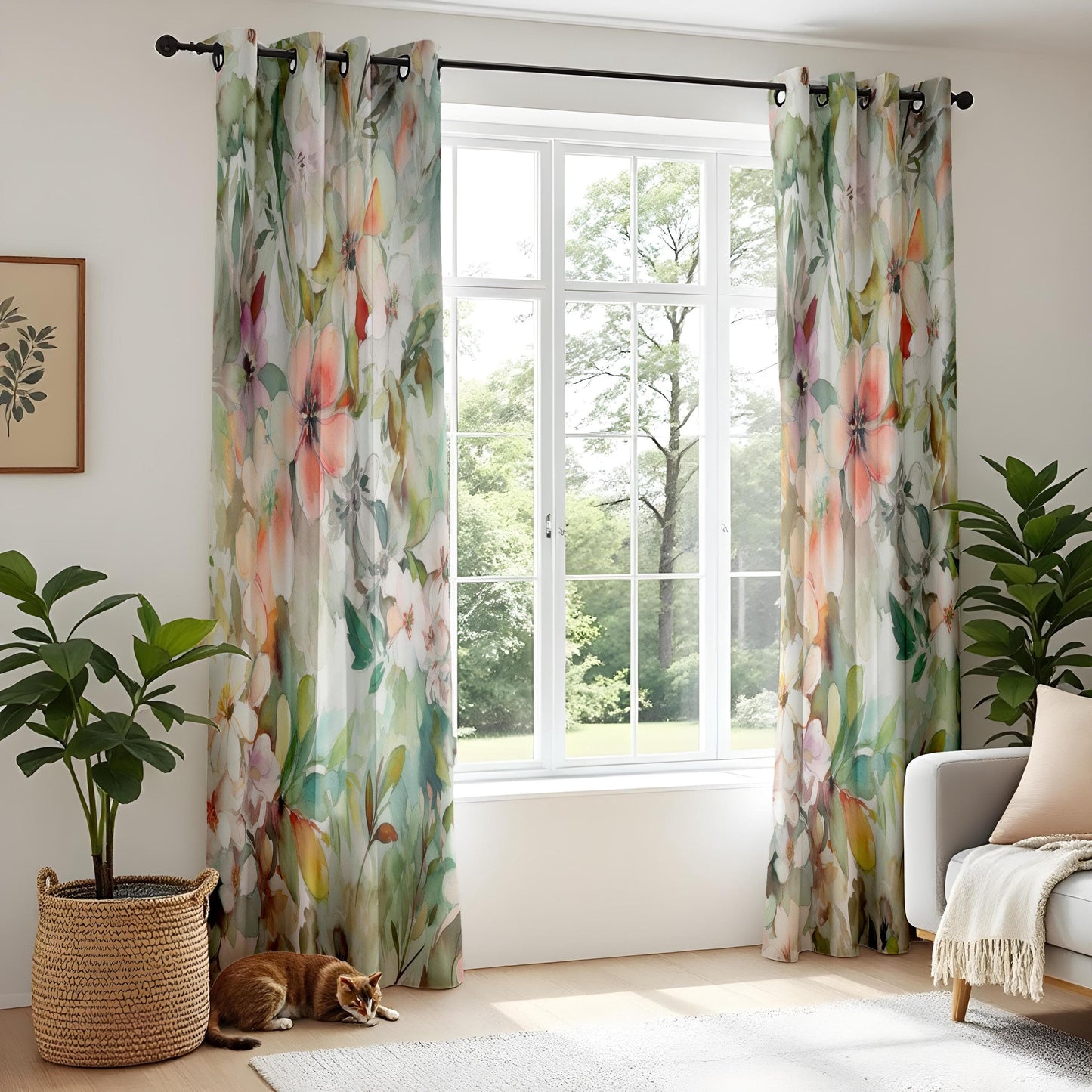 Onay Spring Garden Style Curtains, Blush and Green Floral Drapes