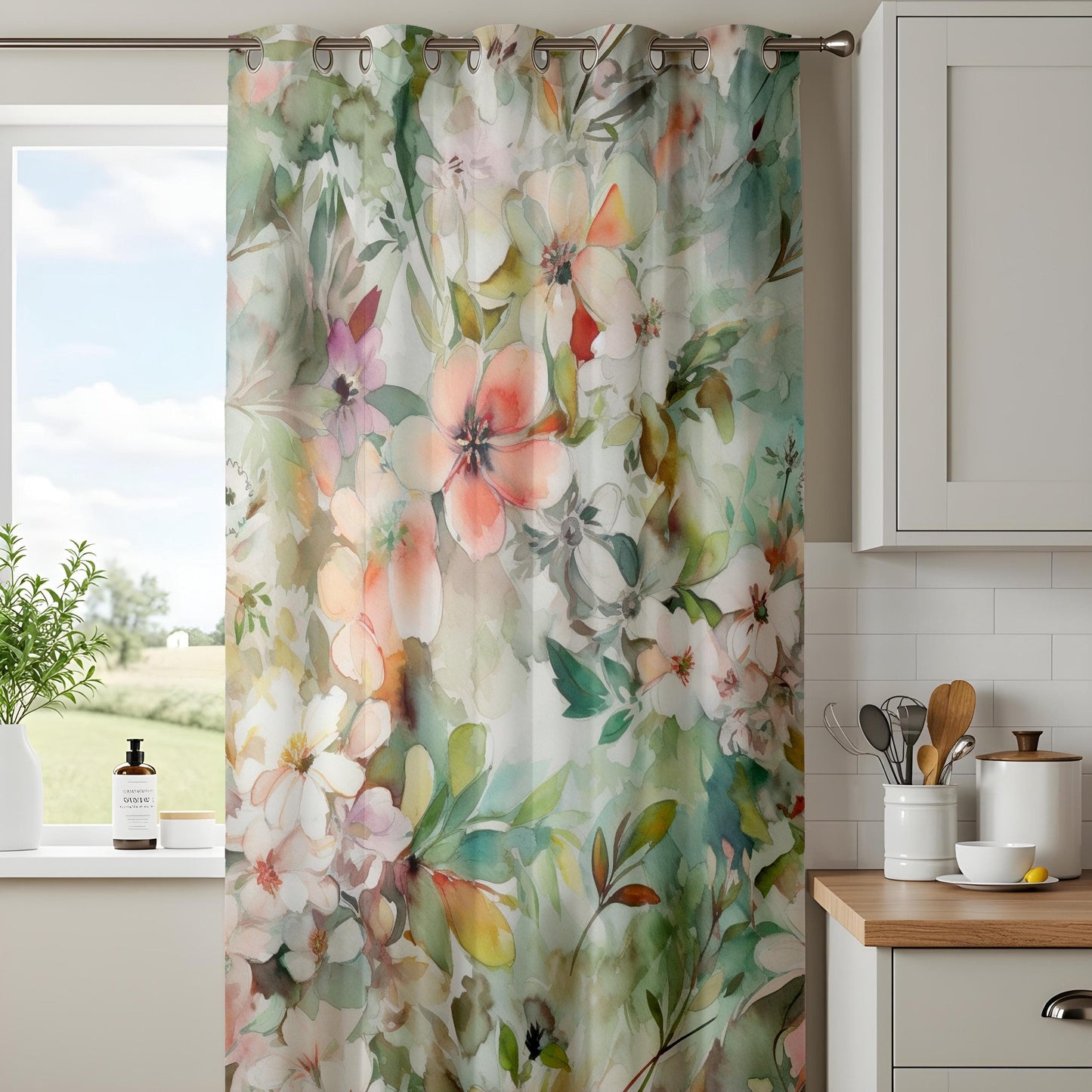Onay Spring Garden Style Curtains, Blush and Green Floral Drapes