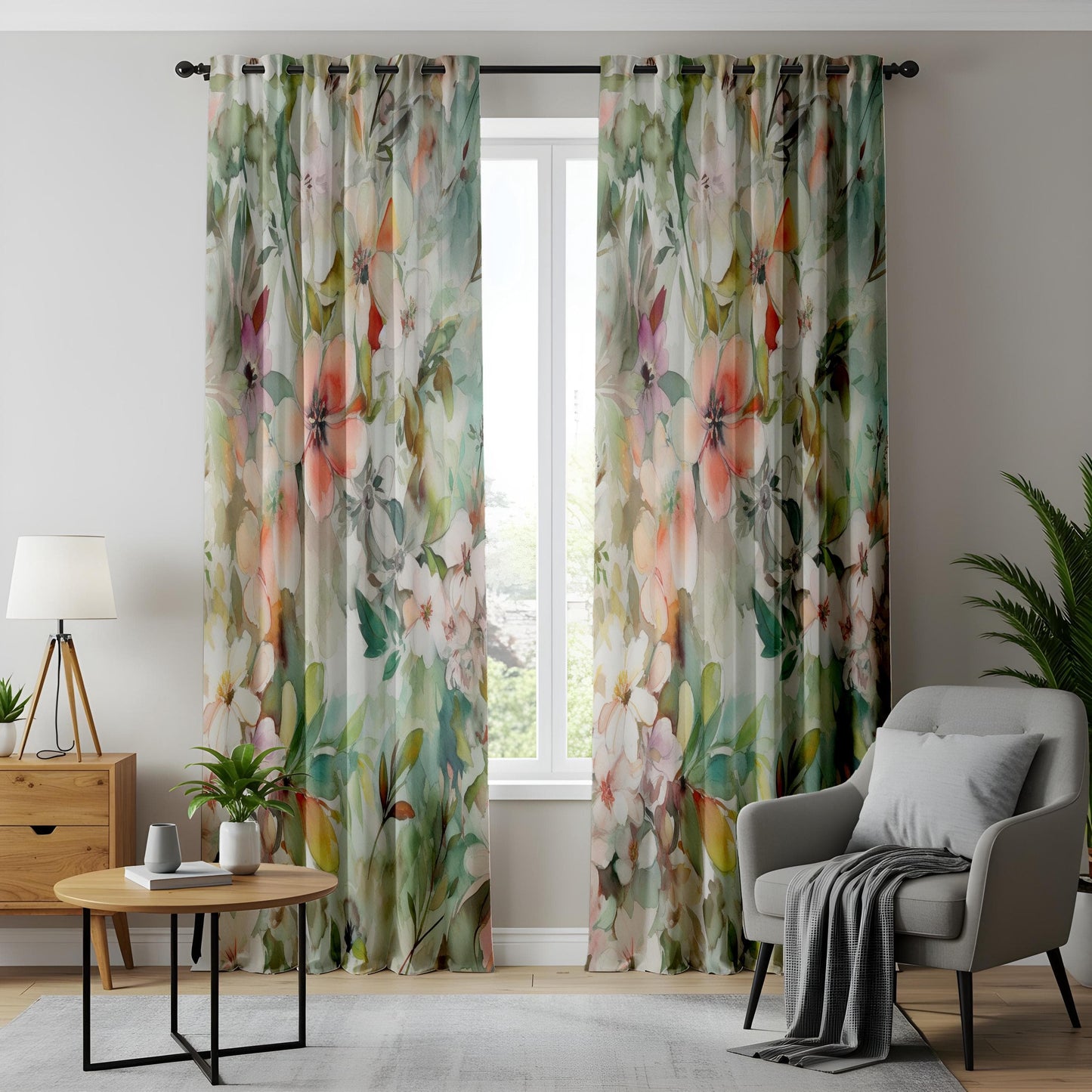 Onay Spring Garden Style Curtains, Blush and Green Floral Drapes