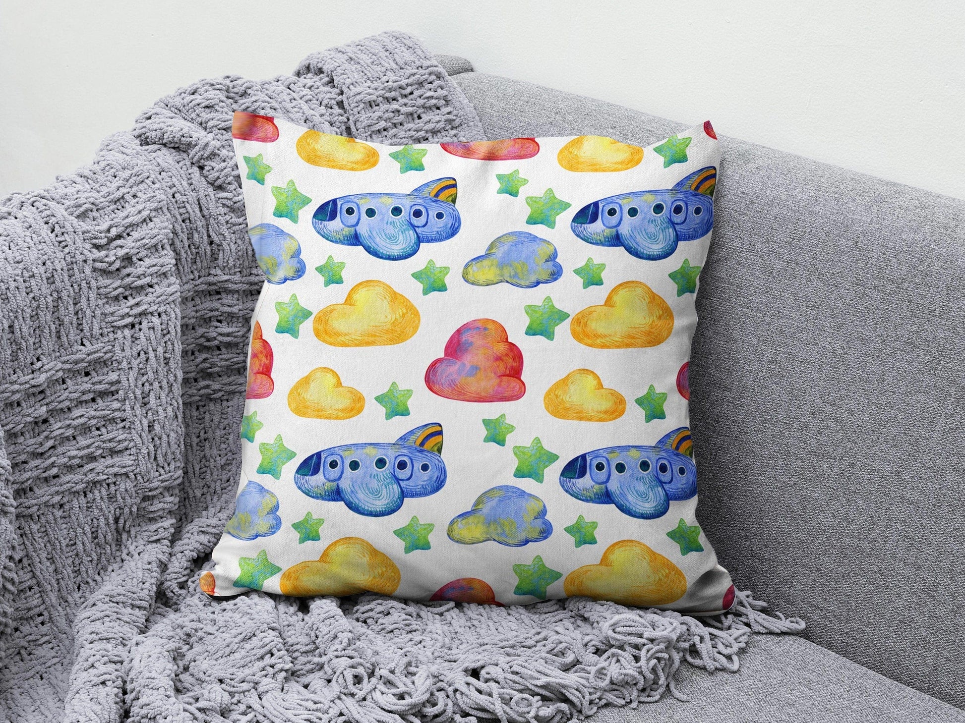 Onay 2 / 12 x 12 inch (30 x 30 cm) Strawberry Skateboard and Airplane Patterned Cushion Cover