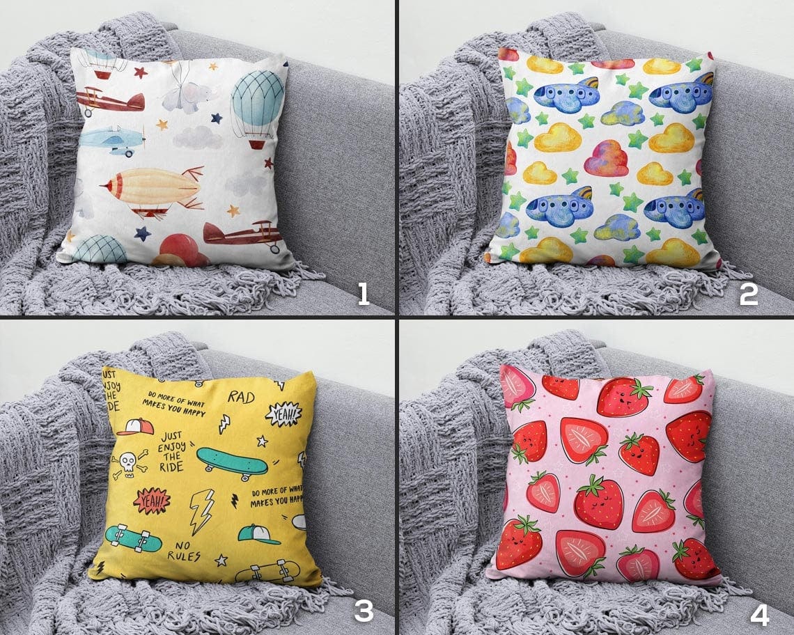 Onay Strawberry Skateboard and Airplane Patterned Cushion Cover