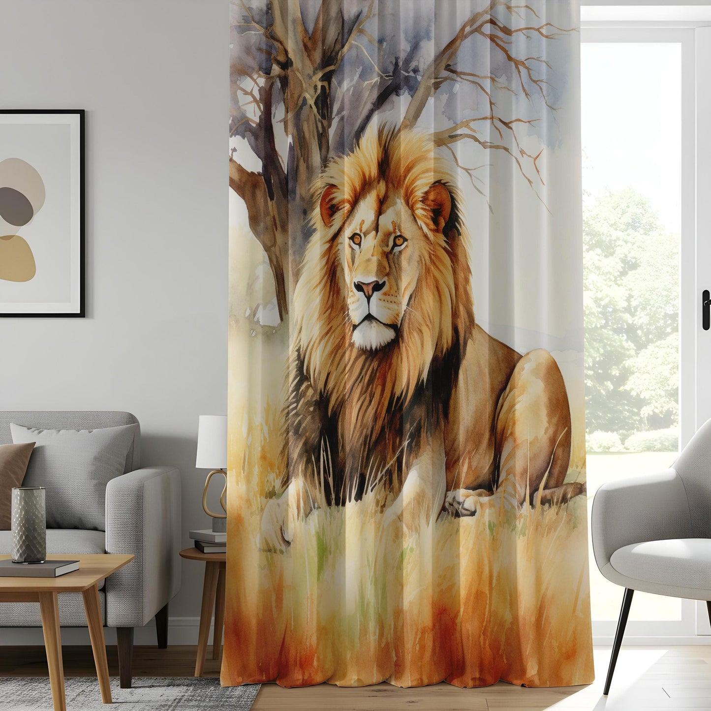 Onay Stunning Wildlife Lion Curtains, Watercolor Lion Drapes
