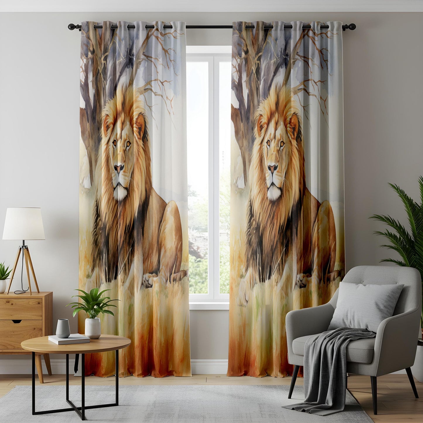 Onay Stunning Wildlife Lion Curtains, Watercolor Lion Drapes