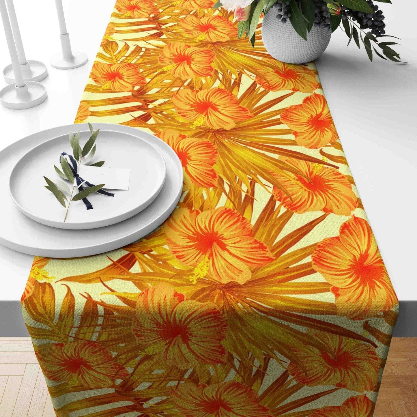 Onay 4 / 12 x 46 inch (30 x 120 cm) Sunflower Daisy Green Leaf Orange Floral Table Runner